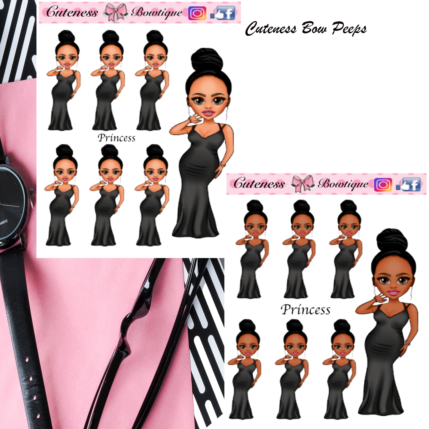 The Cuteness Bow peeps Mini Doll Collection Sticker Sheet | Cuteness Planner Stickers for Agendas, Planners, Notebooks, Dividers | PRINCESS