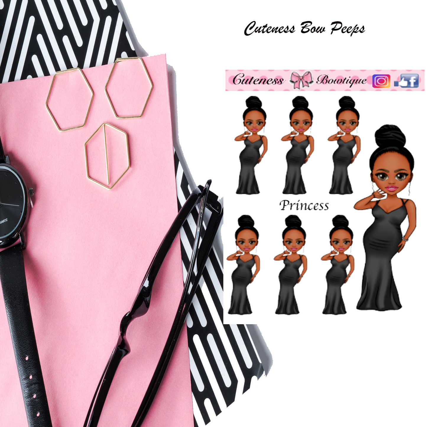 The Cuteness Bow peeps Mini Doll Collection Sticker Sheet | Cuteness Planner Stickers for Agendas, Planners, Notebooks, Dividers | PRINCESS