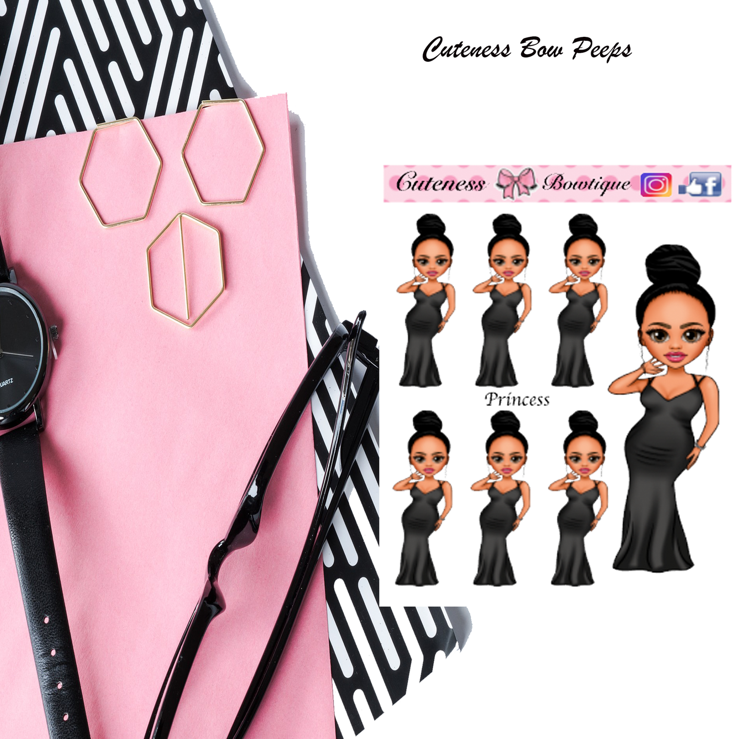 The Cuteness Bow peeps Mini Doll Collection Sticker Sheet | Cuteness Planner Stickers for Agendas, Planners, Notebooks, Dividers | PRINCESS