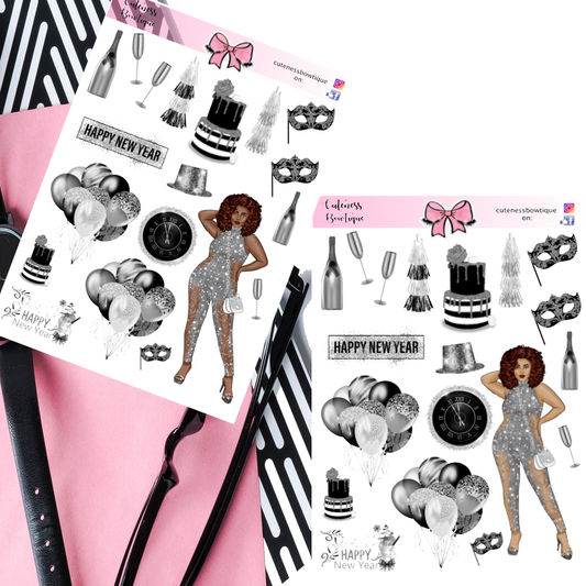 The Cuteness KITS I Collection Sticker Sheet | Cuteness Planner Stickers for Agendas, Planners, Notebooks, Dividers | SILVER NEW YEARS