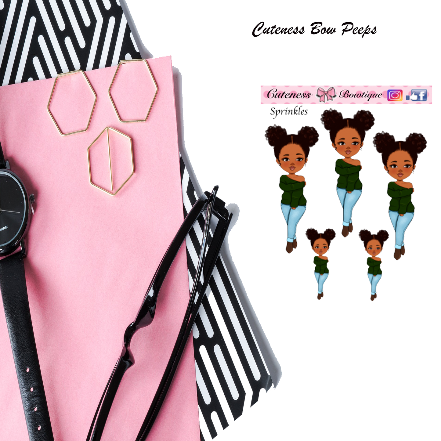 The Cuteness Bow peeps Mini Doll Collection Sticker Sheet | Cuteness Planner Stickers for Agendas, Planners, Notebooks, Dividers | Sprinkles