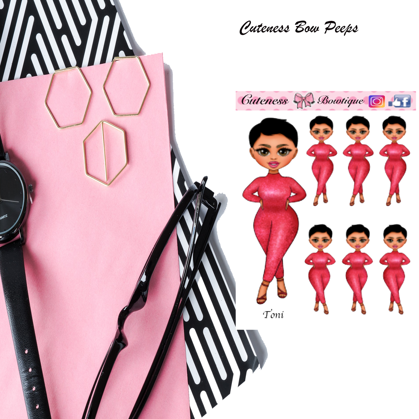 The Cuteness Bow peeps Mini Doll Collection Sticker Sheet | Cuteness Planner Stickers for Agendas, Planners, Notebooks, Dividers | TONI