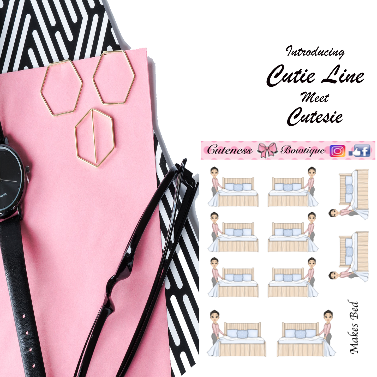 The Cutie Line Icon Sticker Sheet | Cuteness Planner Stickers for Agendas, Planners, Notebooks, Dividers | CUTESIE MAKES BED