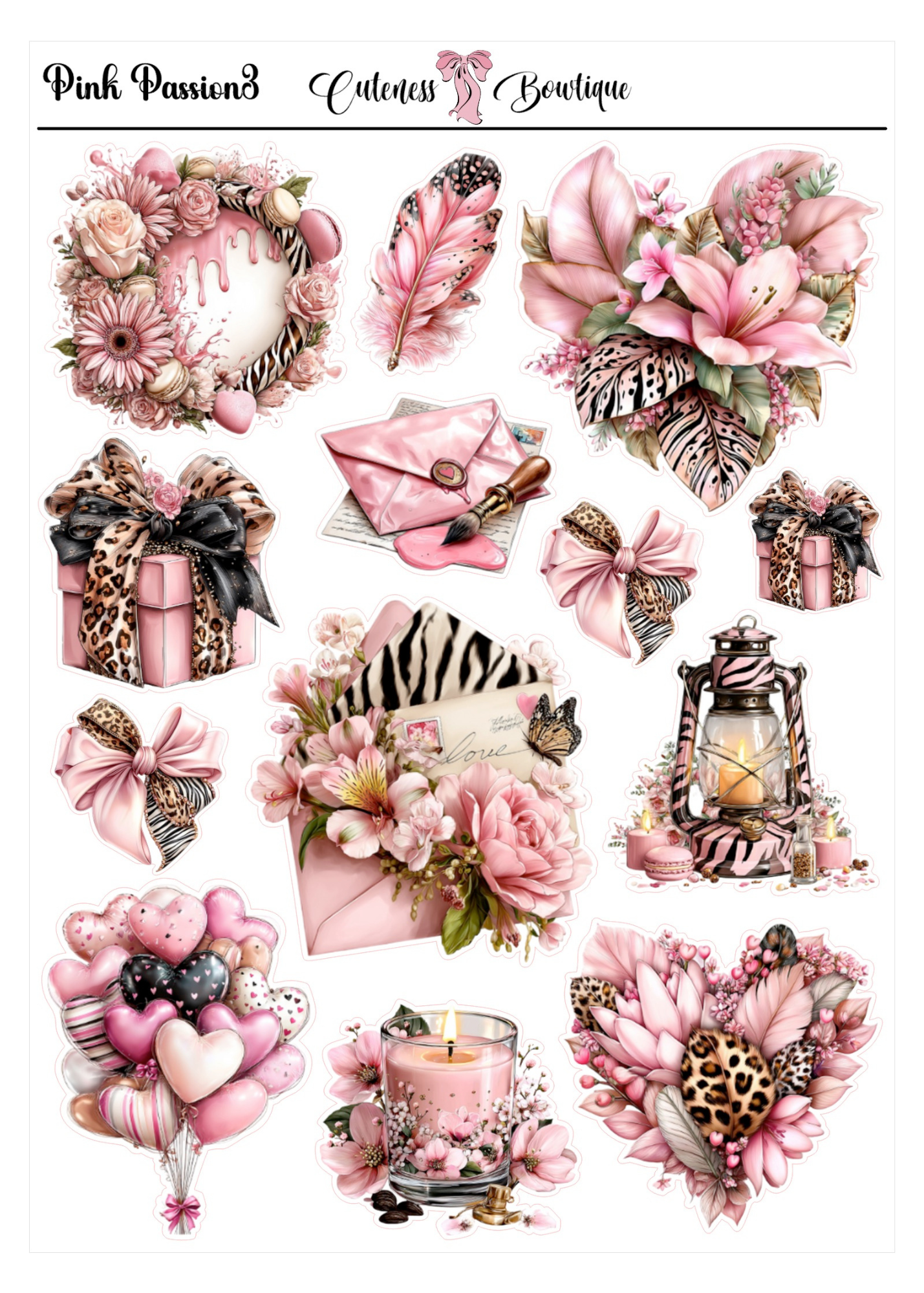 The Cuteness Journaling  Sticker Sheet | Cuteness Planner Stickers for Agendas, Planners, Notebooks, Dividers | PINK PASSION