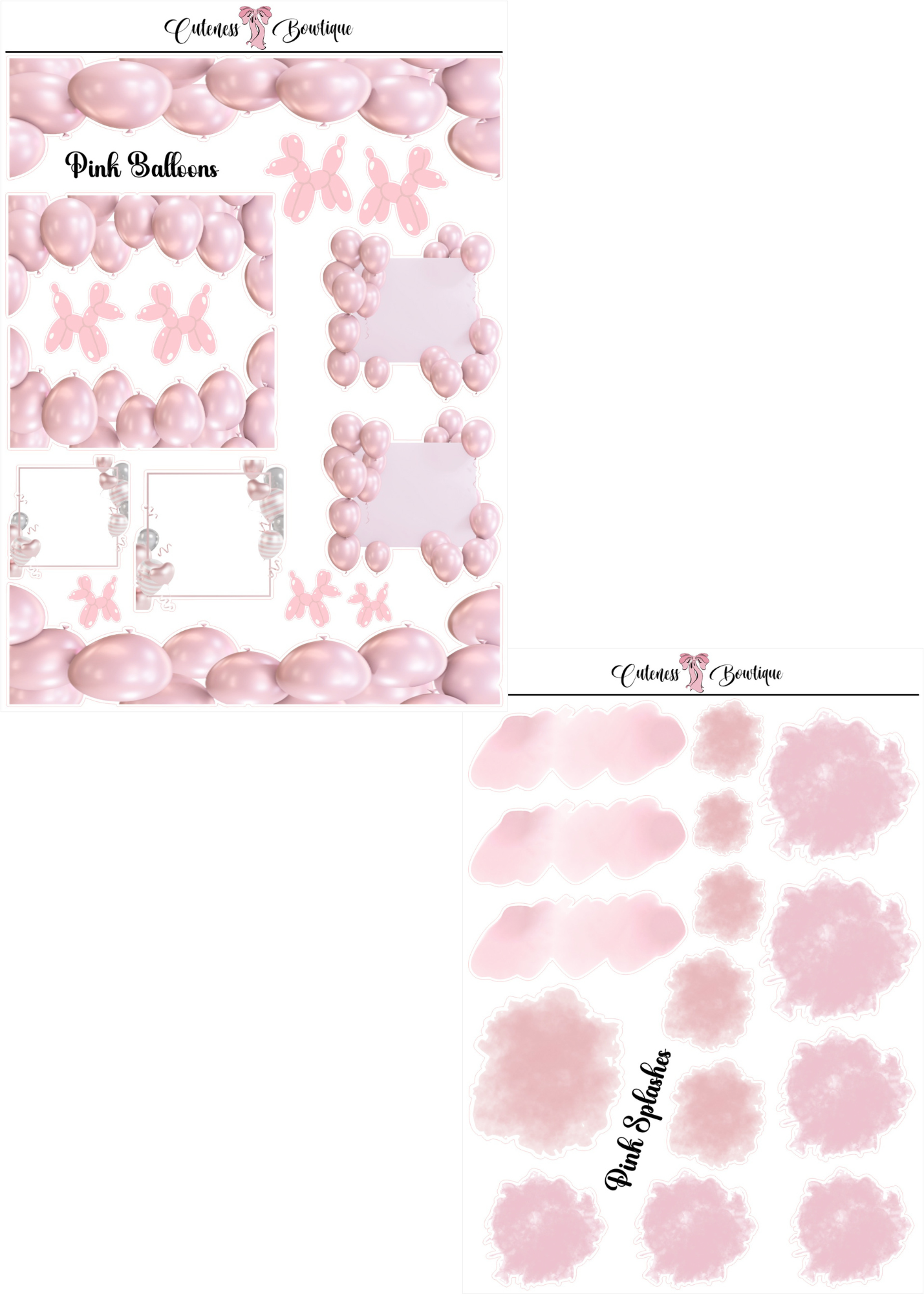 The Cuteness Journaling  Sticker Sheet | Cuteness Planner Stickers for Agendas, Planners, Notebooks, Dividers | PINK BALLOONS & PINK SPLASHES