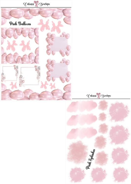 The Cuteness Journaling  Sticker Sheet | Cuteness Planner Stickers for Agendas, Planners, Notebooks, Dividers | PINK BALLOONS & PINK SPLASHES