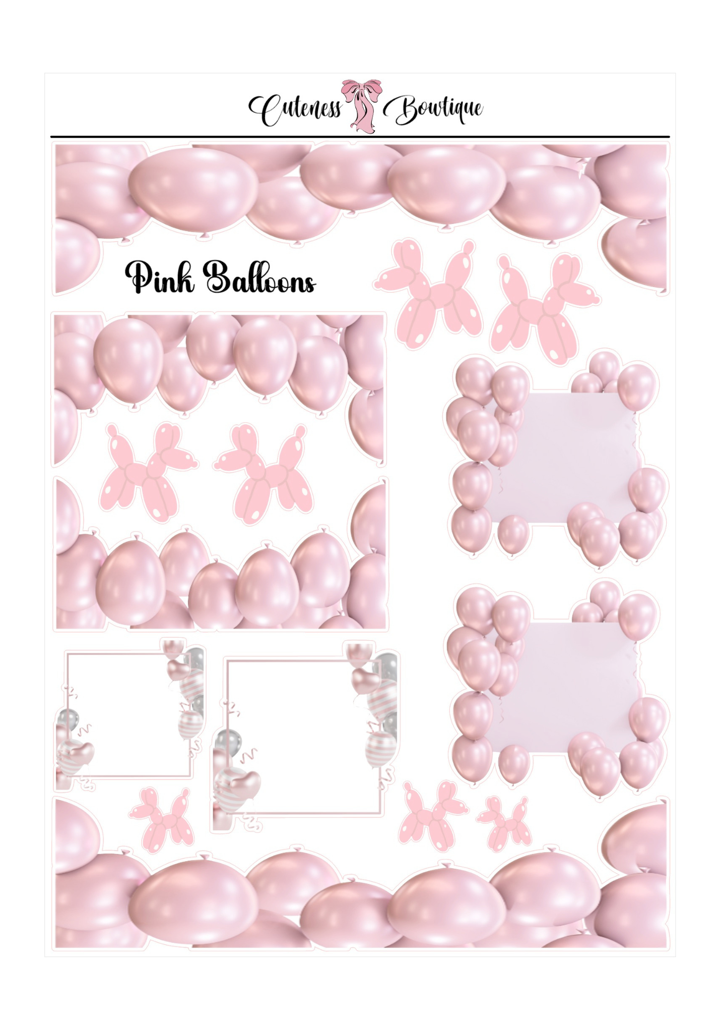 The Cuteness Journaling  Sticker Sheet | Cuteness Planner Stickers for Agendas, Planners, Notebooks, Dividers | PINK BALLOONS & PINK SPLASHES