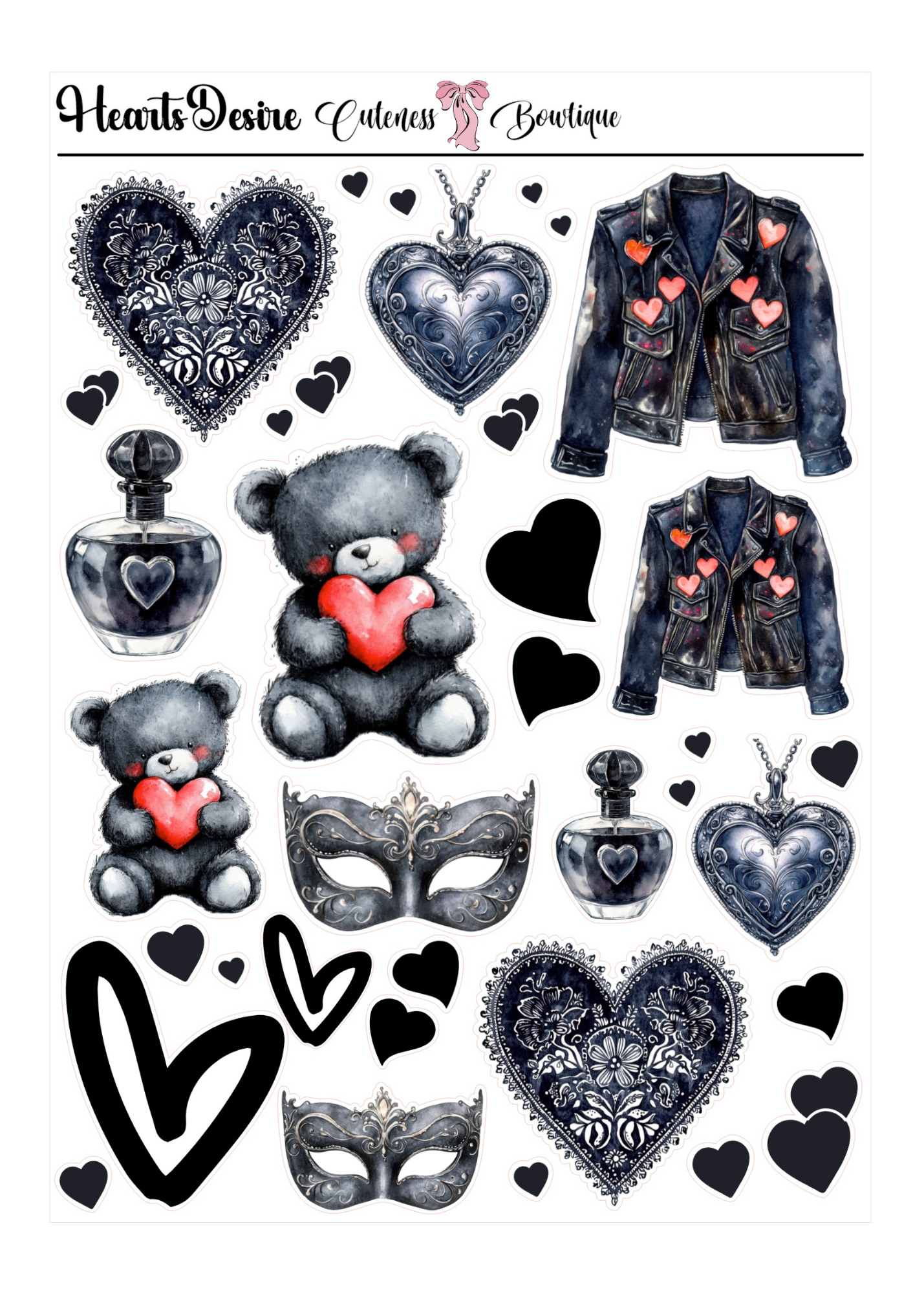 The Cuteness Journaling  Sticker Sheet | Cuteness Planner Stickers for Agendas, Planners, Notebooks, Dividers | HEARTS DESIRE