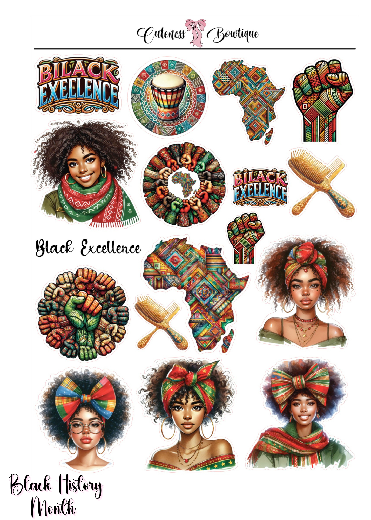 The Cuteness Journaling  Sticker Sheet | Cuteness Planner Stickers for Agendas, Planners, Notebooks, Dividers | BLACK HISTORY MONTH 2026