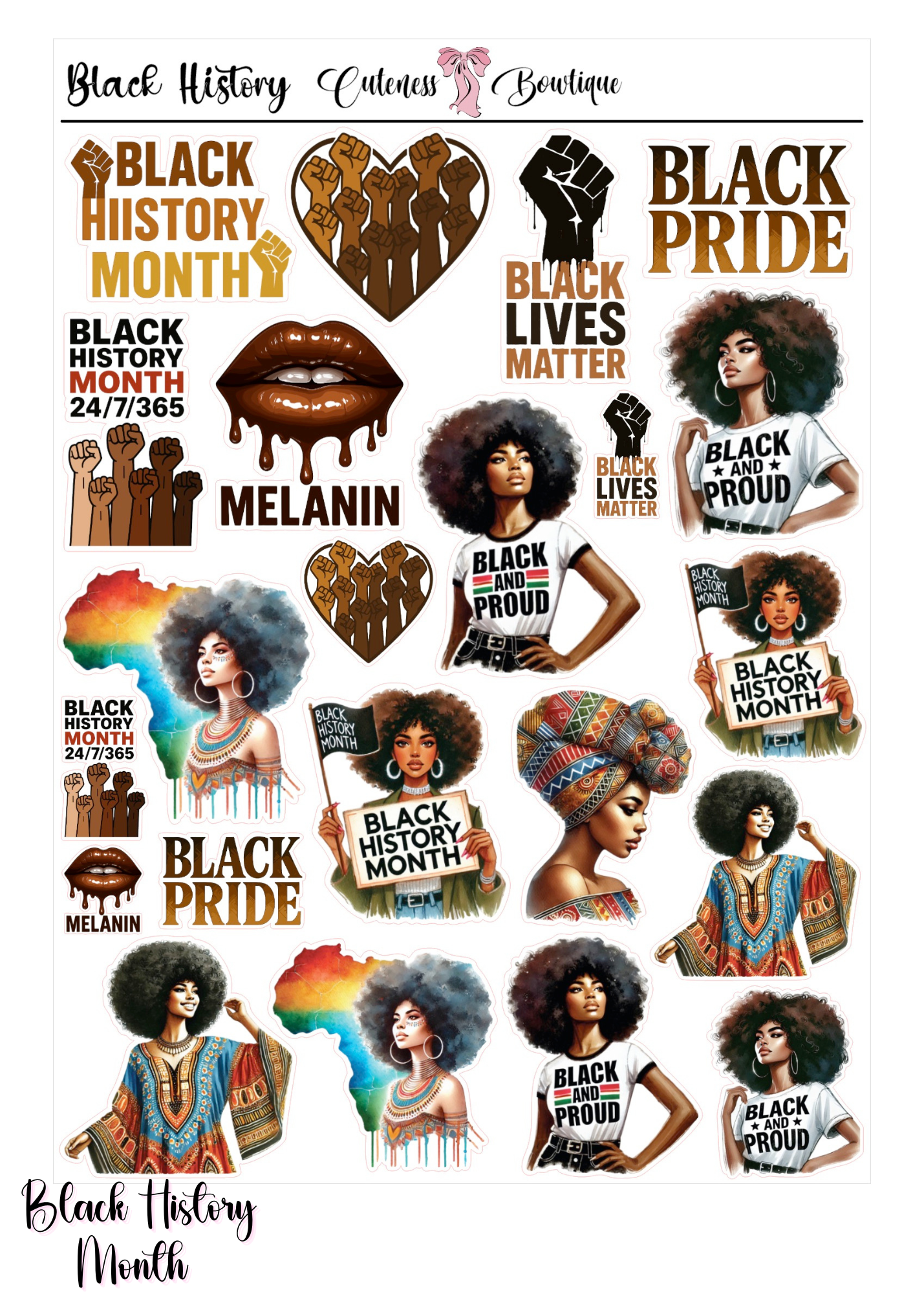 The Cuteness Journaling  Sticker Sheet | Cuteness Planner Stickers for Agendas, Planners, Notebooks, Dividers | BLACK HISTORY MONTH 2026