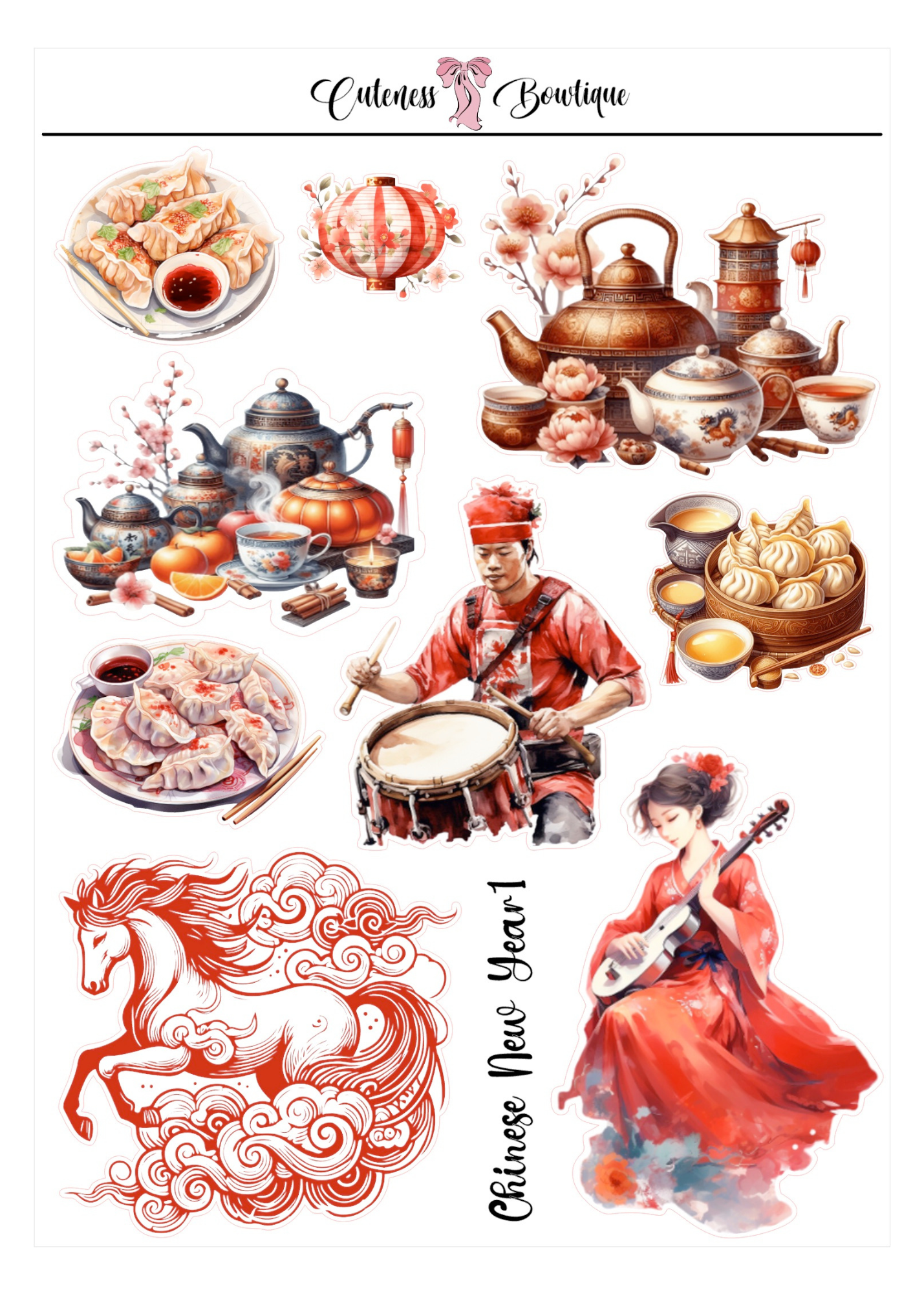 The Cuteness Journaling  Sticker Sheet | Cuteness Planner Stickers for Agendas, Planners, Notebooks, Dividers | CHINESE NEW YEAR