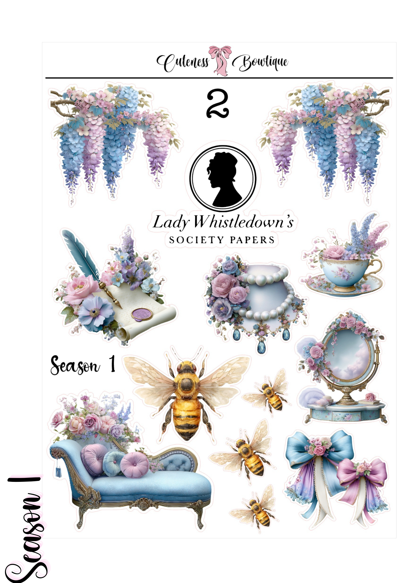 The Cuteness Journaling  Sticker Sheet | Cuteness Planner Stickers for Agendas, Planners, Notebooks, Dividers | BRIGERTON SEASON 1