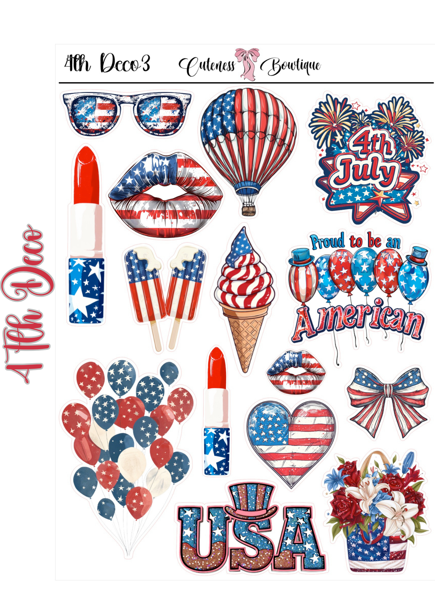 The Cuteness Journaling  Sticker Sheet | Cuteness Planner Stickers for Agendas, Planners, Notebooks, Dividers | 4th of July 2026