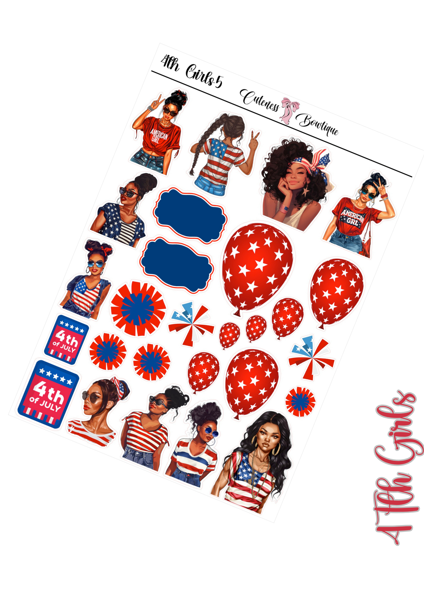 The Cuteness Journaling  Sticker Sheet | Cuteness Planner Stickers for Agendas, Planners, Notebooks, Dividers | 4th of July 2026