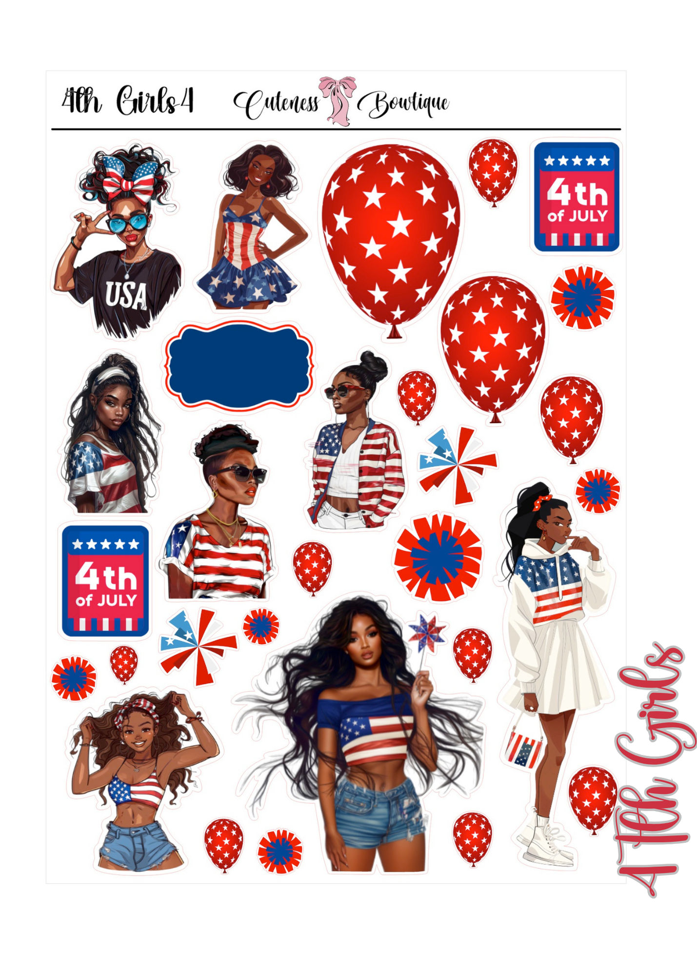 The Cuteness Journaling  Sticker Sheet | Cuteness Planner Stickers for Agendas, Planners, Notebooks, Dividers | 4th of July 2026
