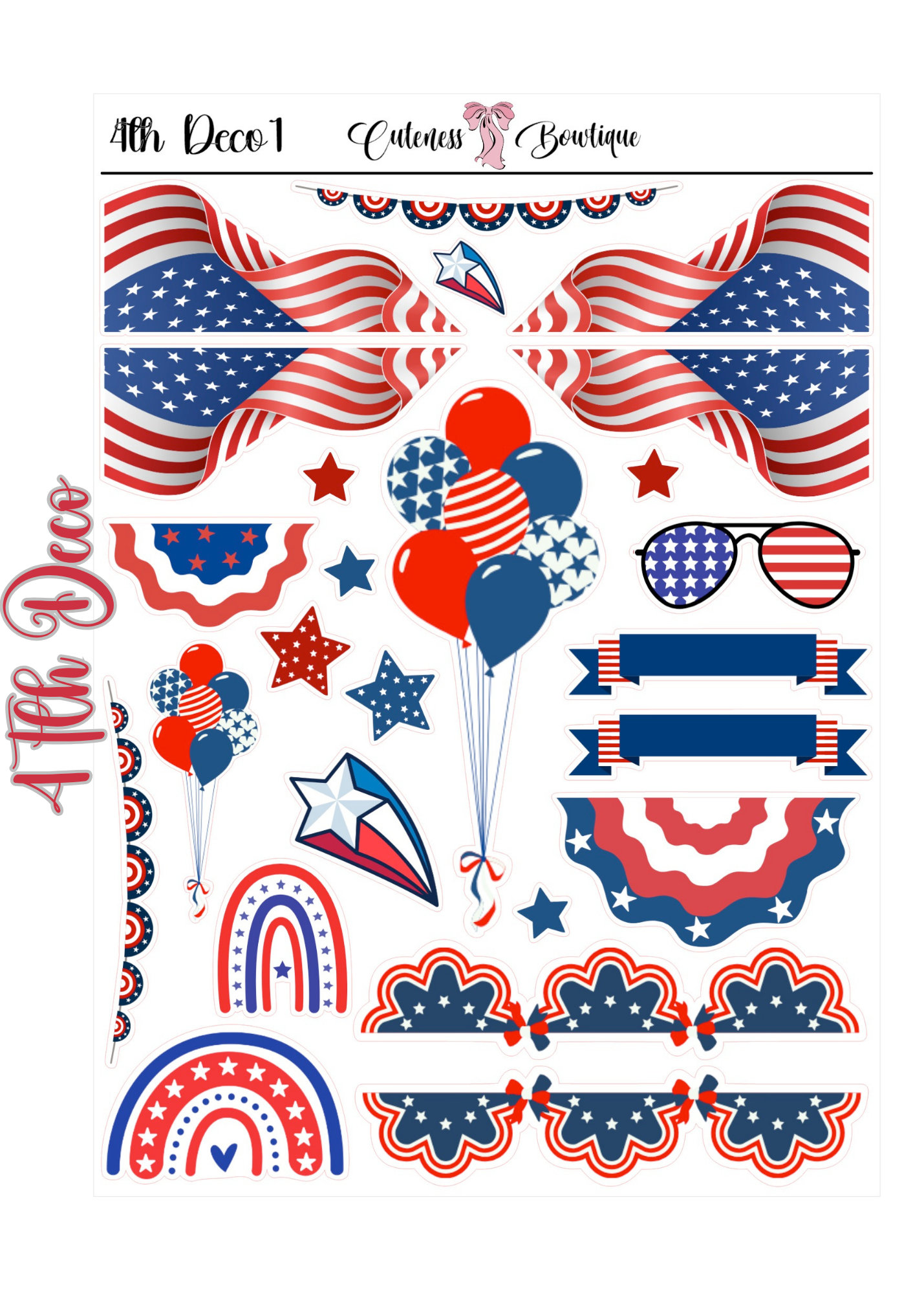 The Cuteness Journaling  Sticker Sheet | Cuteness Planner Stickers for Agendas, Planners, Notebooks, Dividers | 4th of July 2026