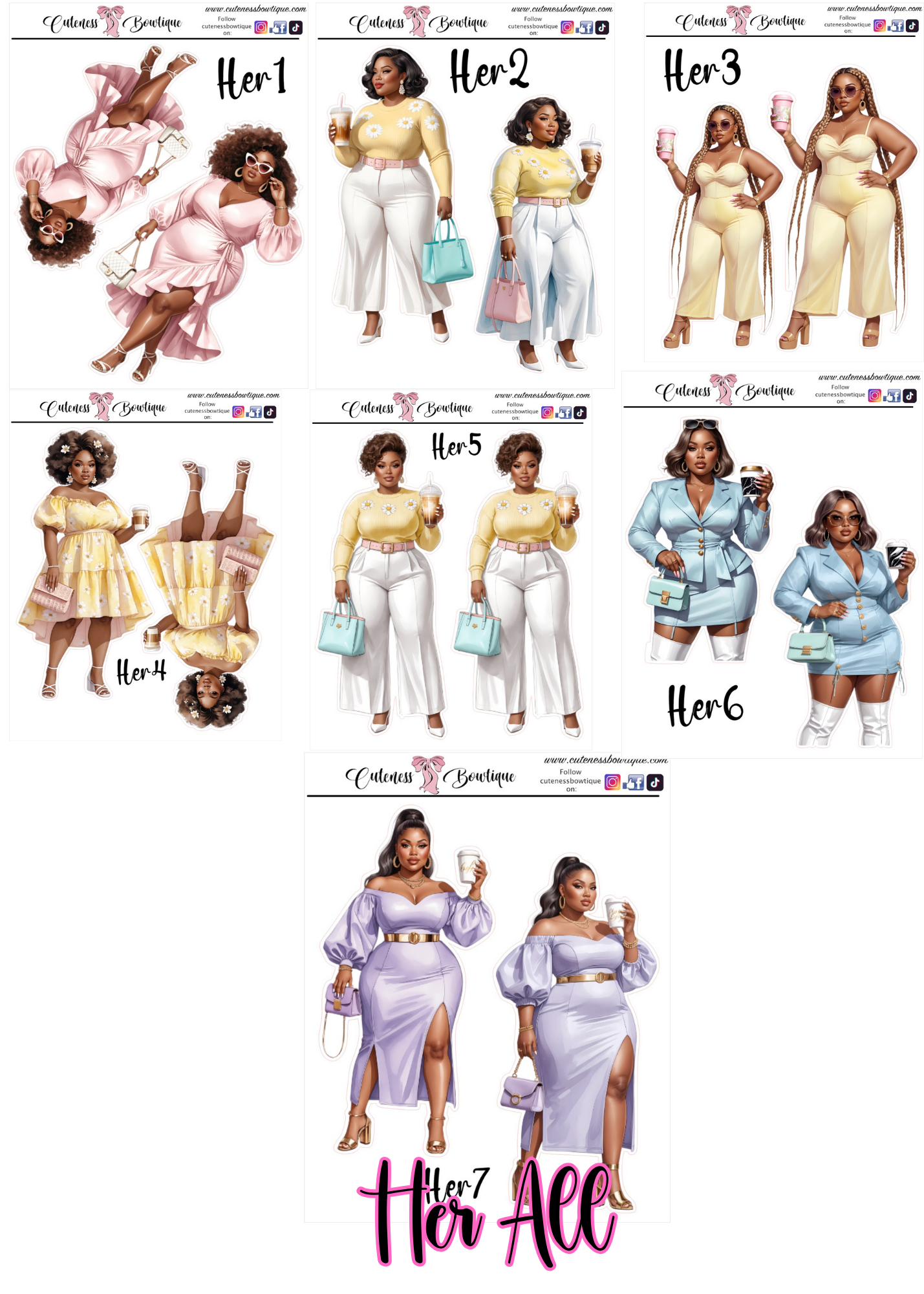 The Curvy Cutie Doll Collection Sticker Sheet | Cuteness Planner Stickers for Agendas, Planners, Notebooks, Dividers | HER