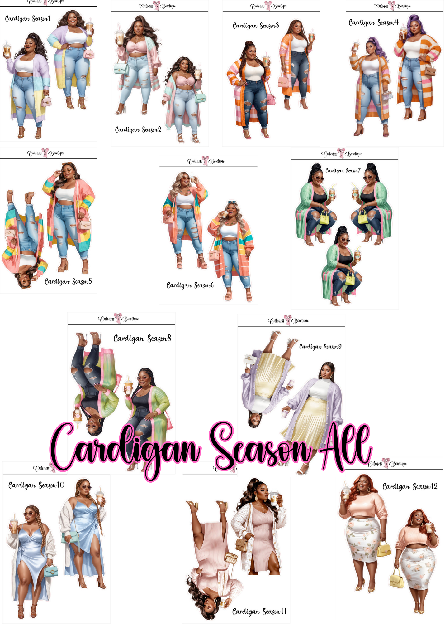 The Curvy Cutie Doll Collection Sticker Sheet | Cuteness Planner Stickers for Agendas, Planners, Notebooks, Dividers | CARDIGAN SEASON