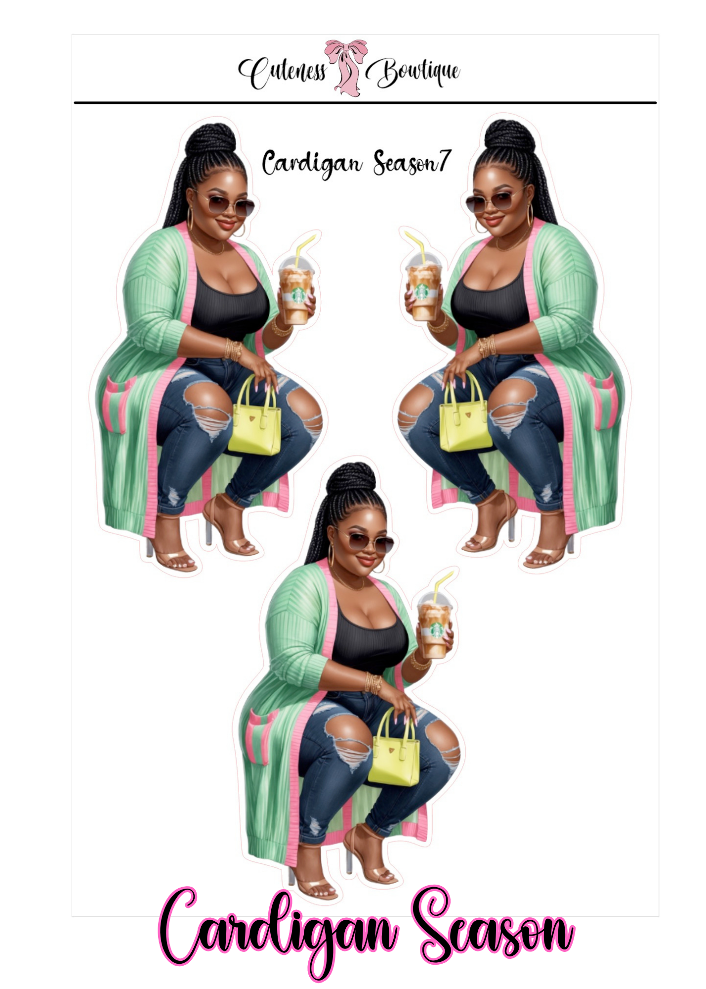 The Curvy Cutie Doll Collection Sticker Sheet | Cuteness Planner Stickers for Agendas, Planners, Notebooks, Dividers | CARDIGAN SEASON