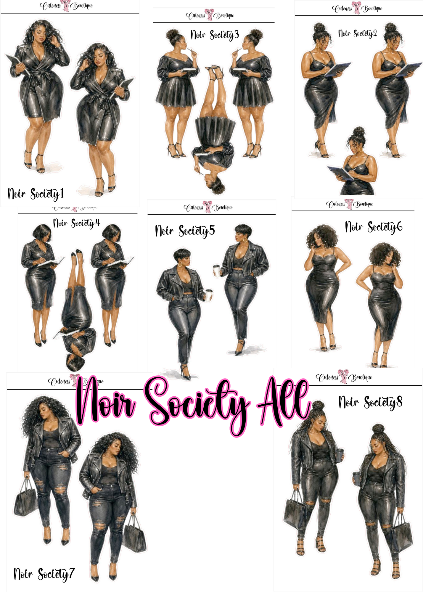 The Curvy Cutie Doll Collection Sticker Sheet | Cuteness Planner Stickers for Agendas, Planners, Notebooks, Dividers | NOIR SOCIETY