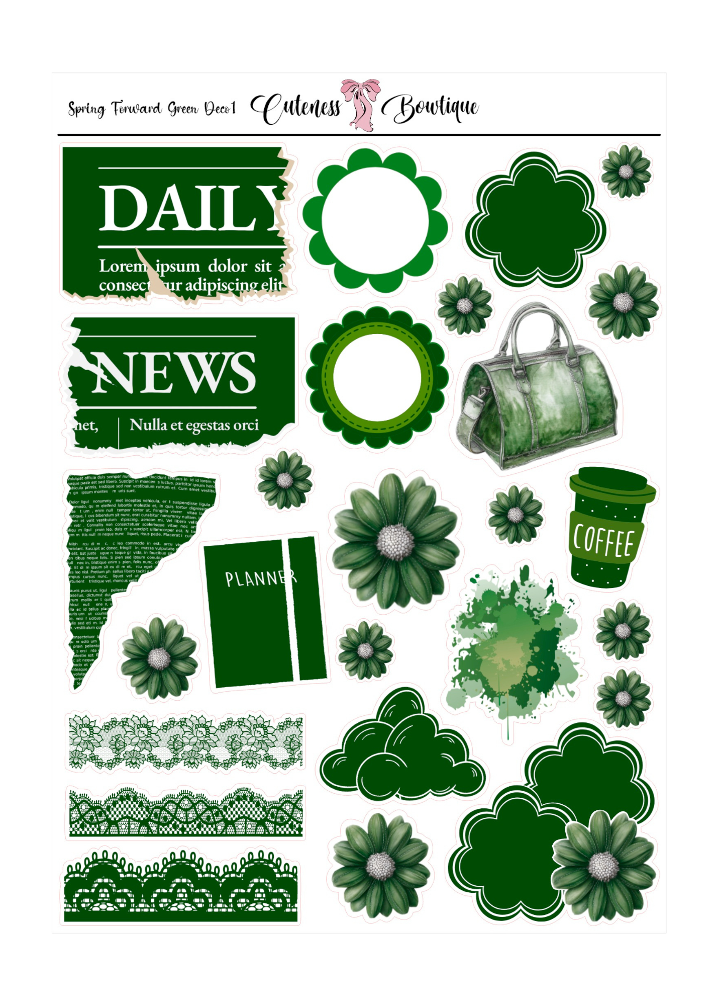 The Cuteness DECO Sticker Sheet | Cuteness Planner Stickers for Agendas, Planners, Notebooks, Dividers | SPRING FORWARD GREEN DECO