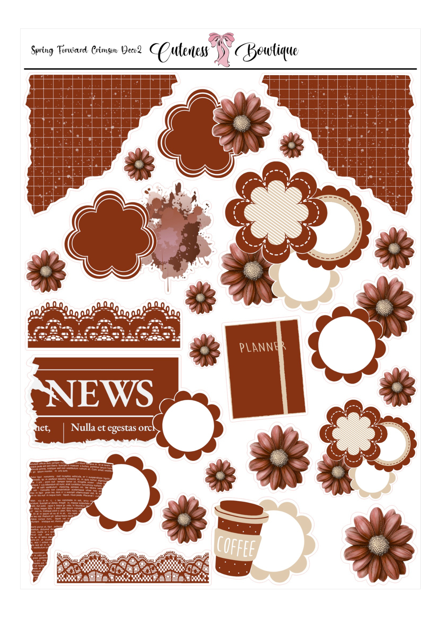 The Cuteness DECO Sticker Sheet | Cuteness Planner Stickers for Agendas, Planners, Notebooks, Dividers | SPRING FORWARD CRIMSON DECO