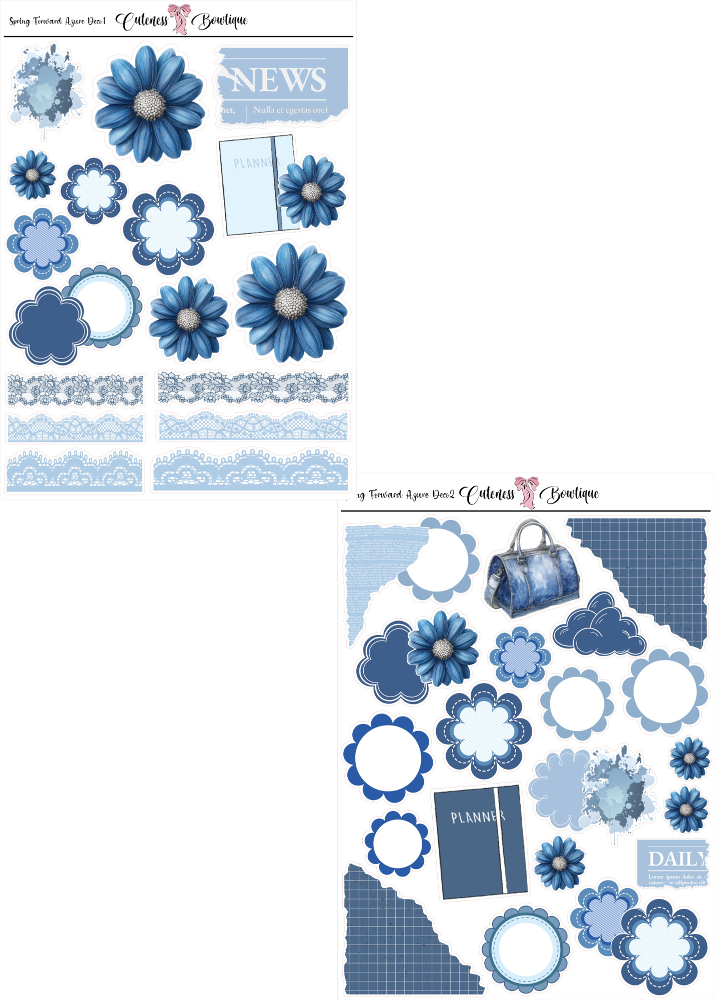 The Cuteness DECO Sticker Sheet | Cuteness Planner Stickers for Agendas, Planners, Notebooks, Dividers | SPRING FORWARD AZURE DECO