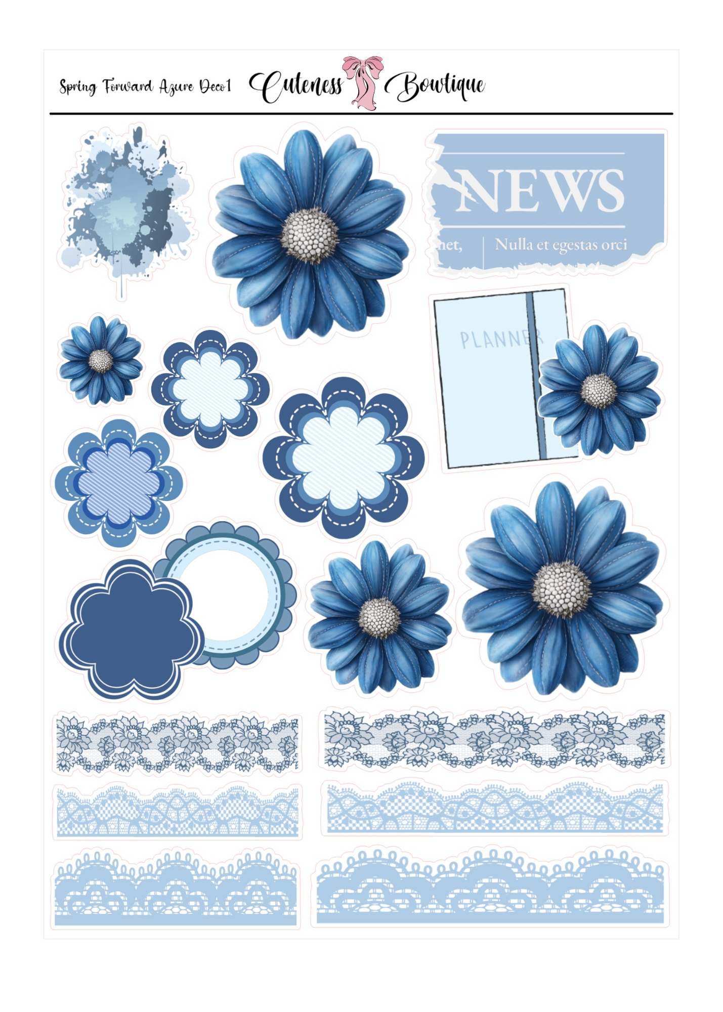 The Cuteness DECO Sticker Sheet | Cuteness Planner Stickers for Agendas, Planners, Notebooks, Dividers | SPRING FORWARD AZURE DECO