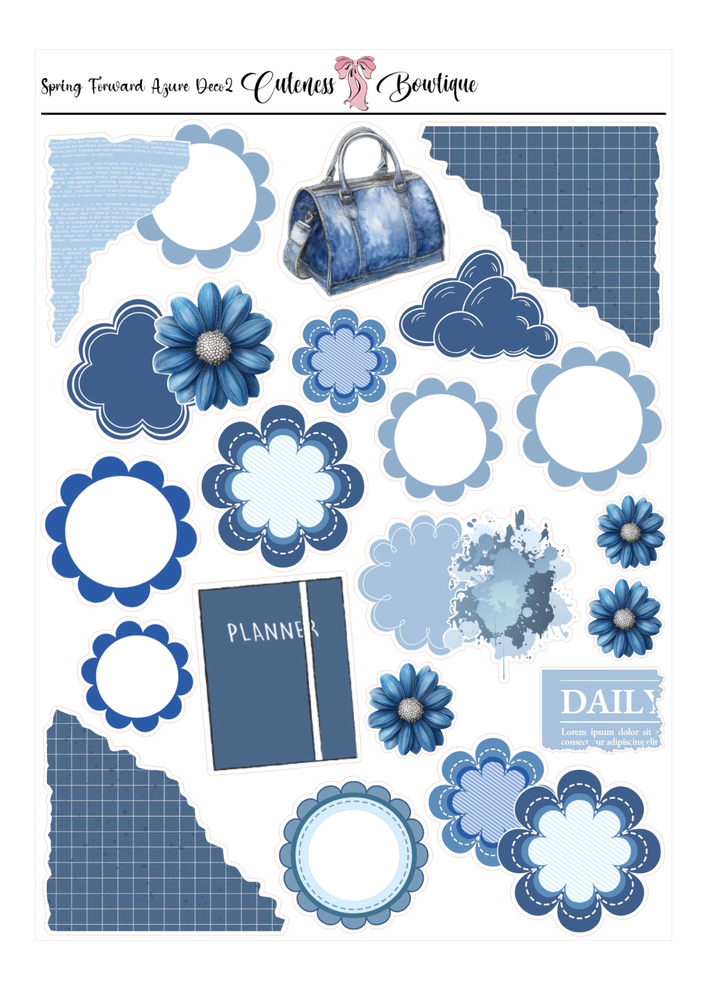 The Cuteness DECO Sticker Sheet | Cuteness Planner Stickers for Agendas, Planners, Notebooks, Dividers | SPRING FORWARD AZURE DECO