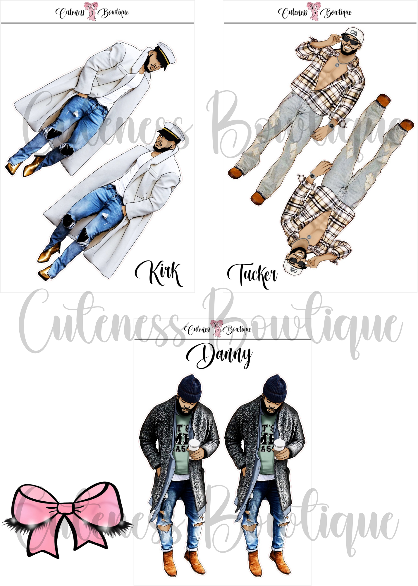 The  CUSTOM Cuteness Doll Collection Sticker Sheet | Cuteness Planner Stickers for Agendas, Planners, Notebooks, Dividers | DANNY, BLISSFUL, KIRK, NAOMI, NOELLE, XENA, TUCKER, NOVA