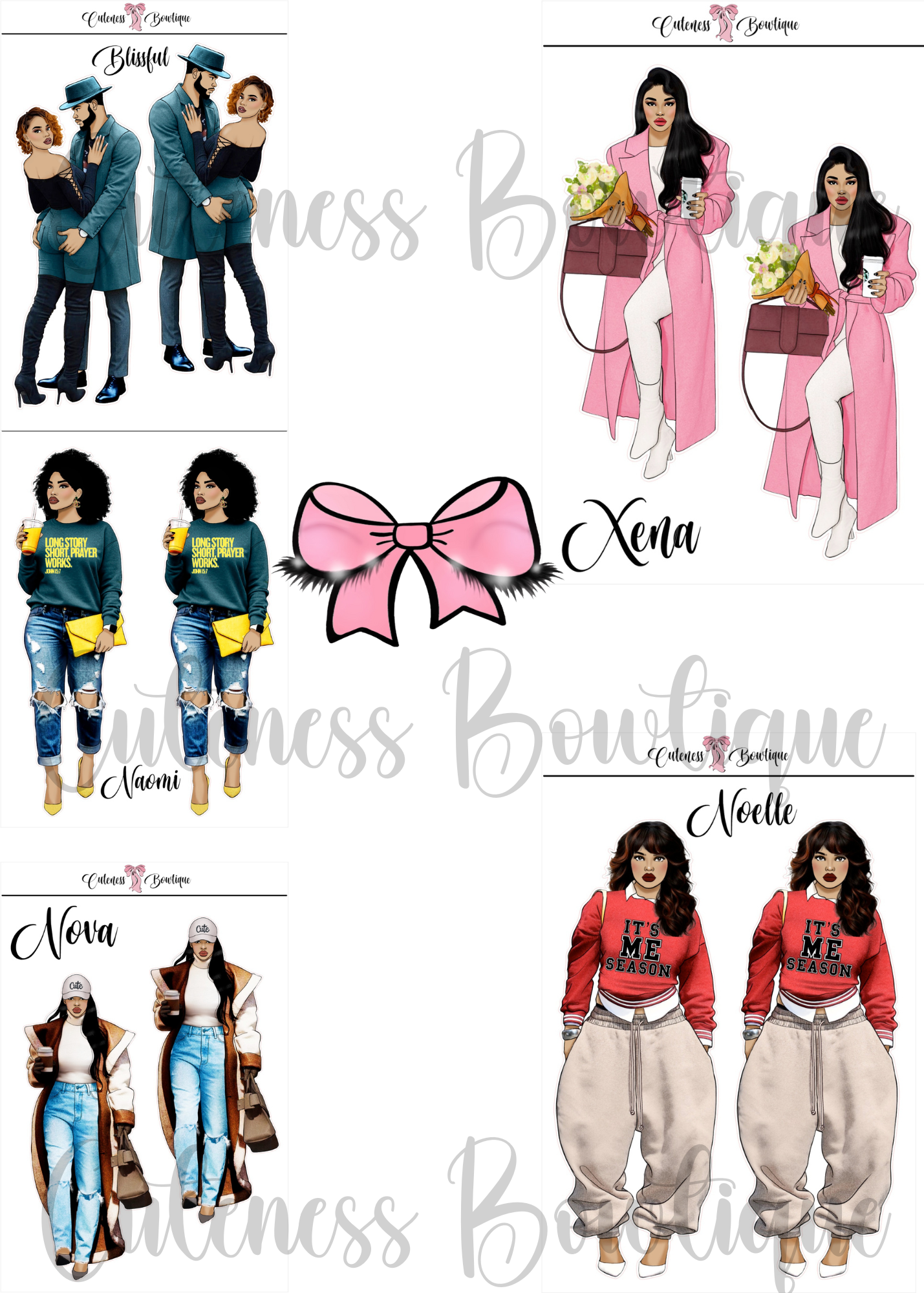 The  CUSTOM Cuteness Doll Collection Sticker Sheet | Cuteness Planner Stickers for Agendas, Planners, Notebooks, Dividers | DANNY, BLISSFUL, KIRK, NAOMI, NOELLE, XENA, TUCKER, NOVA