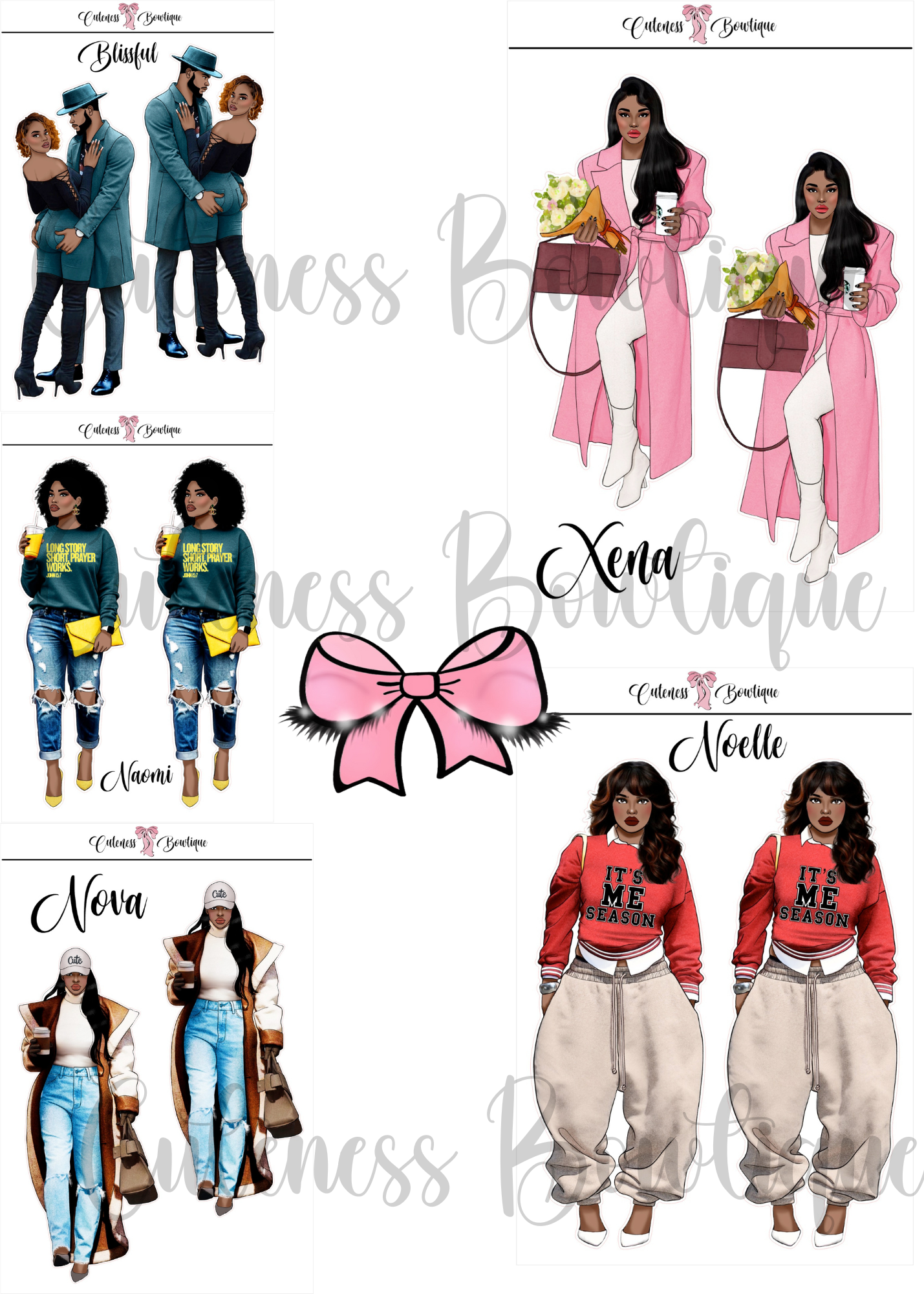 The  CUSTOM Cuteness Doll Collection Sticker Sheet | Cuteness Planner Stickers for Agendas, Planners, Notebooks, Dividers | DANNY, BLISSFUL, KIRK, NAOMI, NOELLE, XENA, TUCKER, NOVA