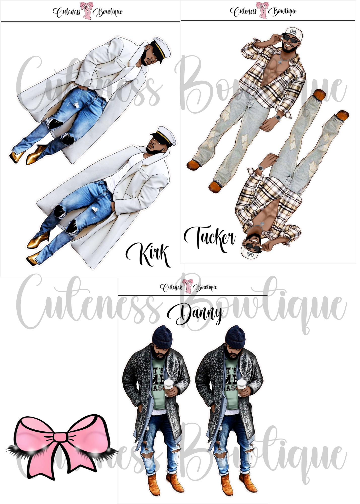 The  CUSTOM Cuteness Doll Collection Sticker Sheet | Cuteness Planner Stickers for Agendas, Planners, Notebooks, Dividers | DANNY, BLISSFUL, KIRK, NAOMI, NOELLE, XENA, TUCKER, NOVA