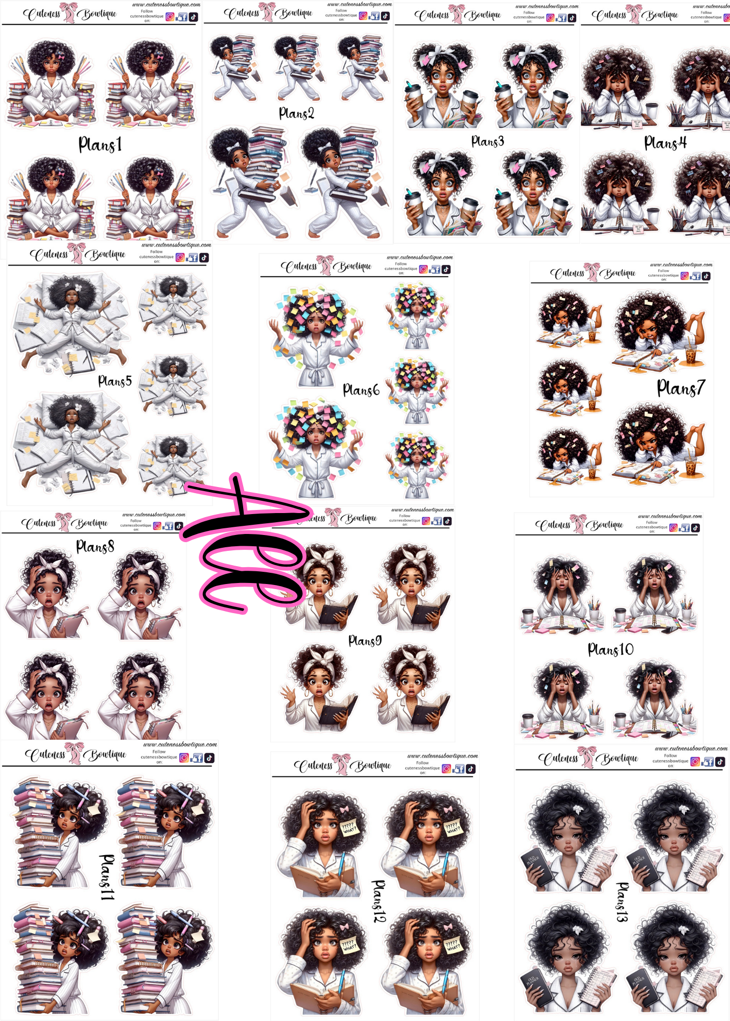 The Cuteness Doll Collection Sticker Sheet | Cuteness Planner Stickers for Agendas, Planners, Notebooks, Dividers | QUIRKY PLANS 1-13