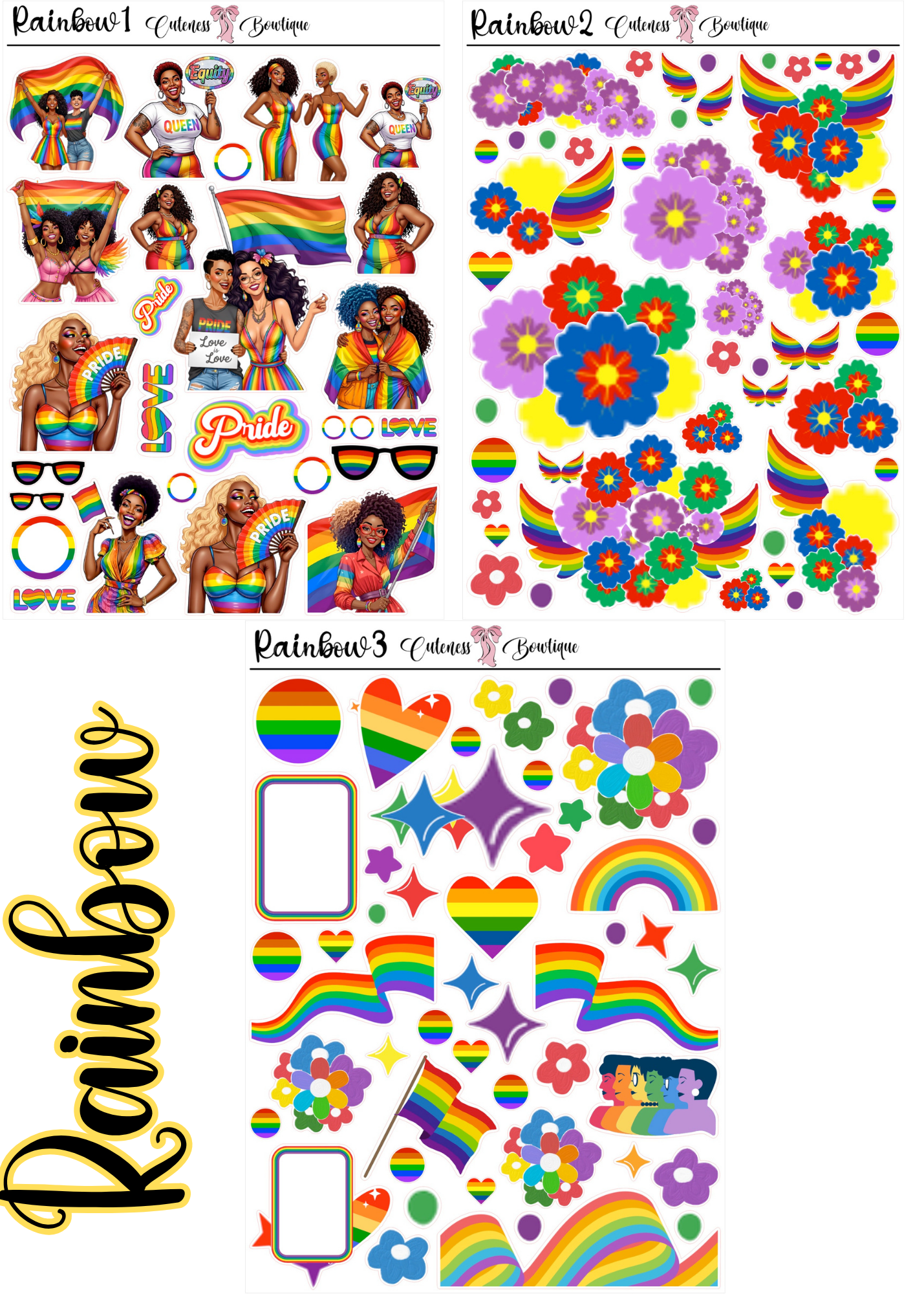 The Cuteness Journaling  Sticker Sheet | Cuteness Planner Stickers for Agendas, Planners, Notebooks, Dividers | RAINBOW