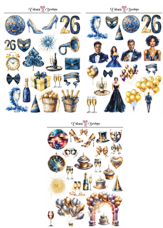 The Cuteness Journaling  Sticker Sheet | Cuteness Planner Stickers for Agendas, Planners, Notebooks, Dividers | NAVY NEW YEARS 2026