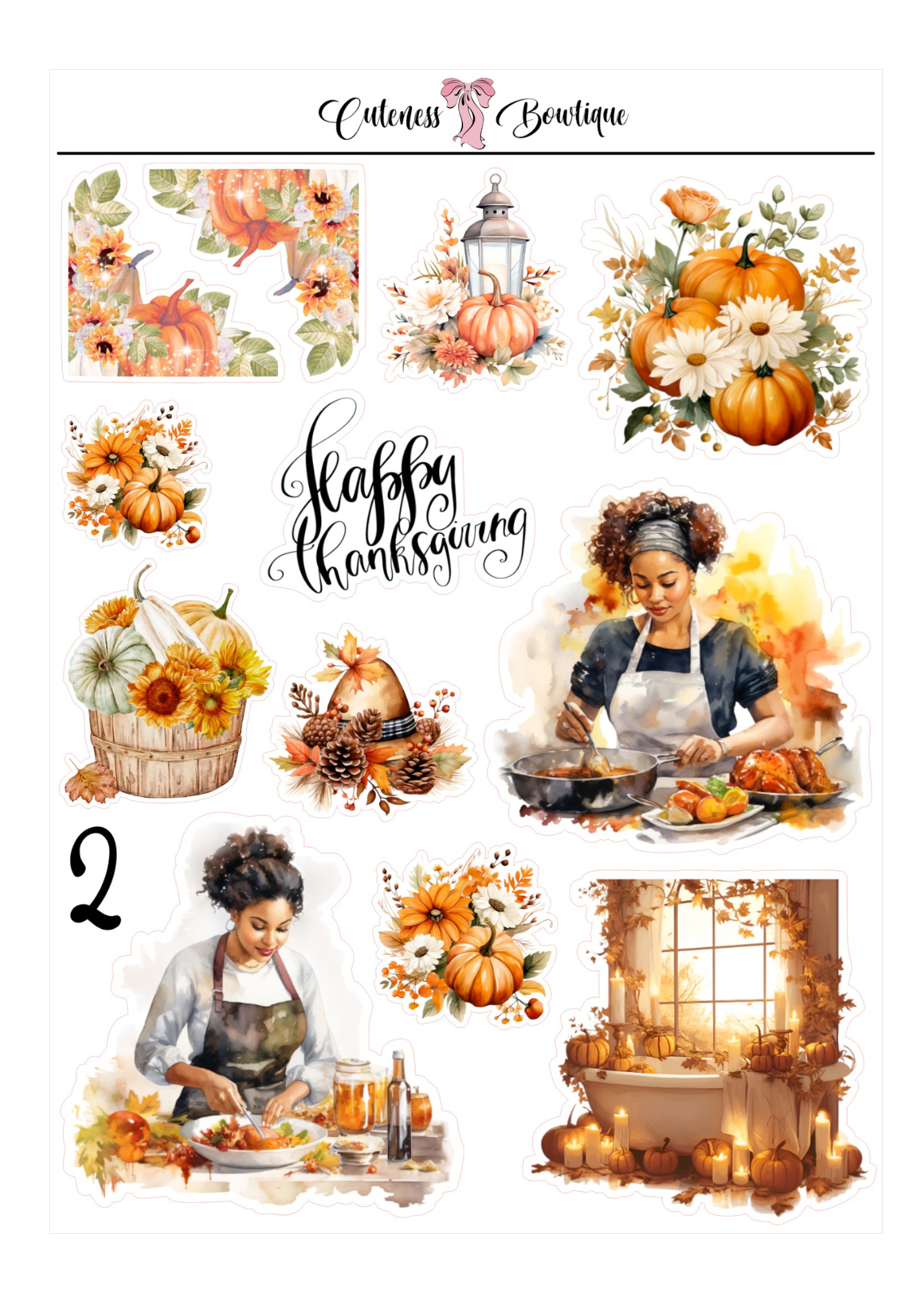 The Cuteness Journaling  Sticker Sheet | Cuteness Planner Stickers for Agendas, Planners, Notebooks, Dividers | THANKSGIVING