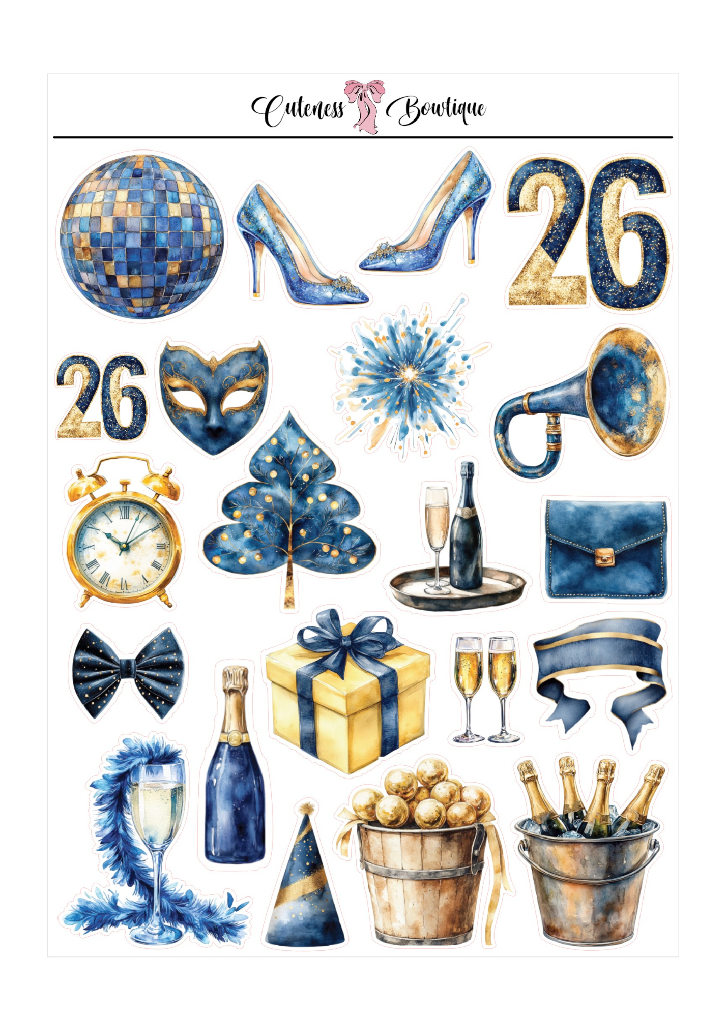 The Cuteness Journaling  Sticker Sheet | Cuteness Planner Stickers for Agendas, Planners, Notebooks, Dividers | NAVY NEW YEARS 2026