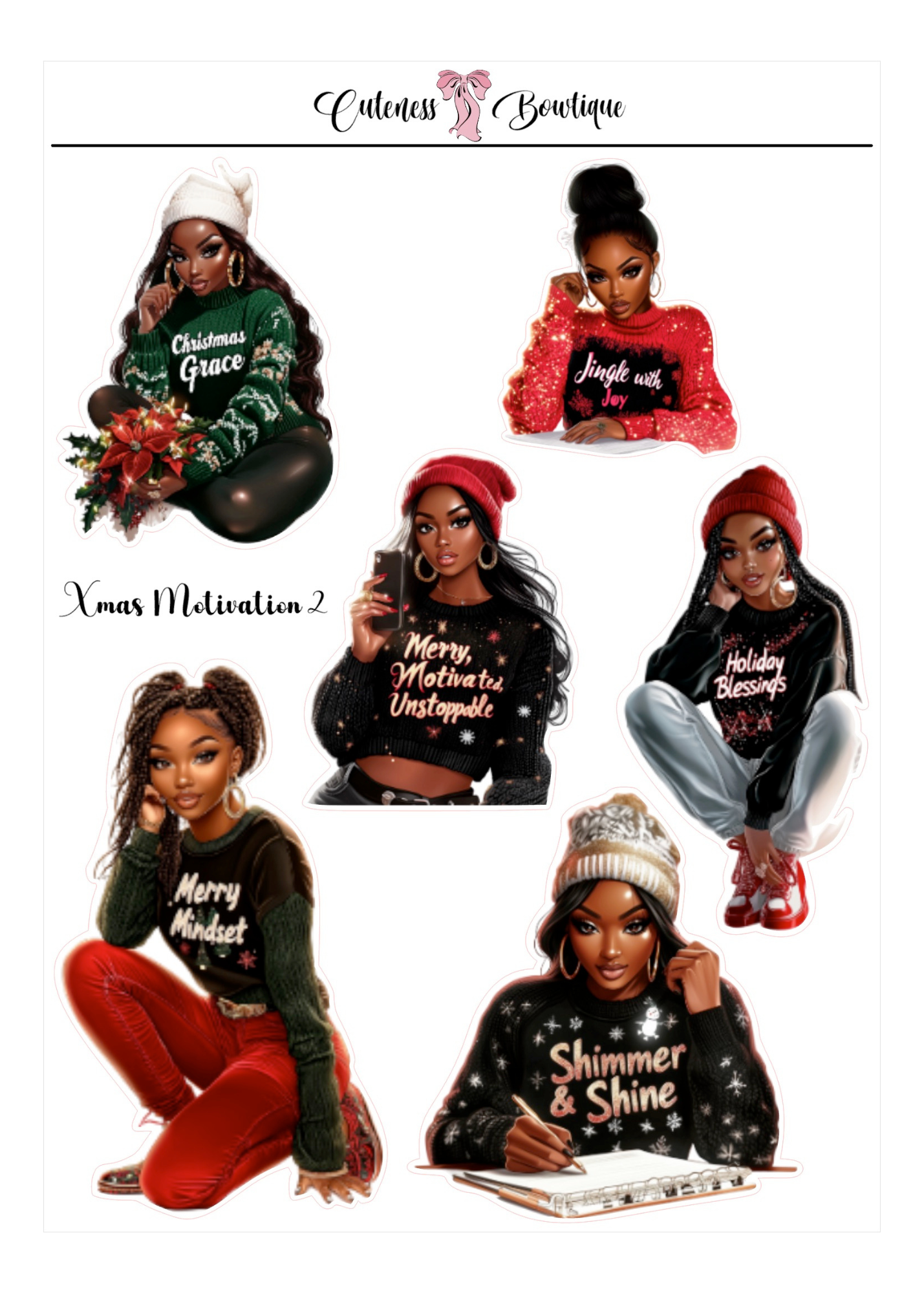 The Cuteness Doll Collection Sticker Sheet | Cuteness Planner Stickers for Agendas, Planners, Notebooks, Dividers | XMAS MOTIVATION