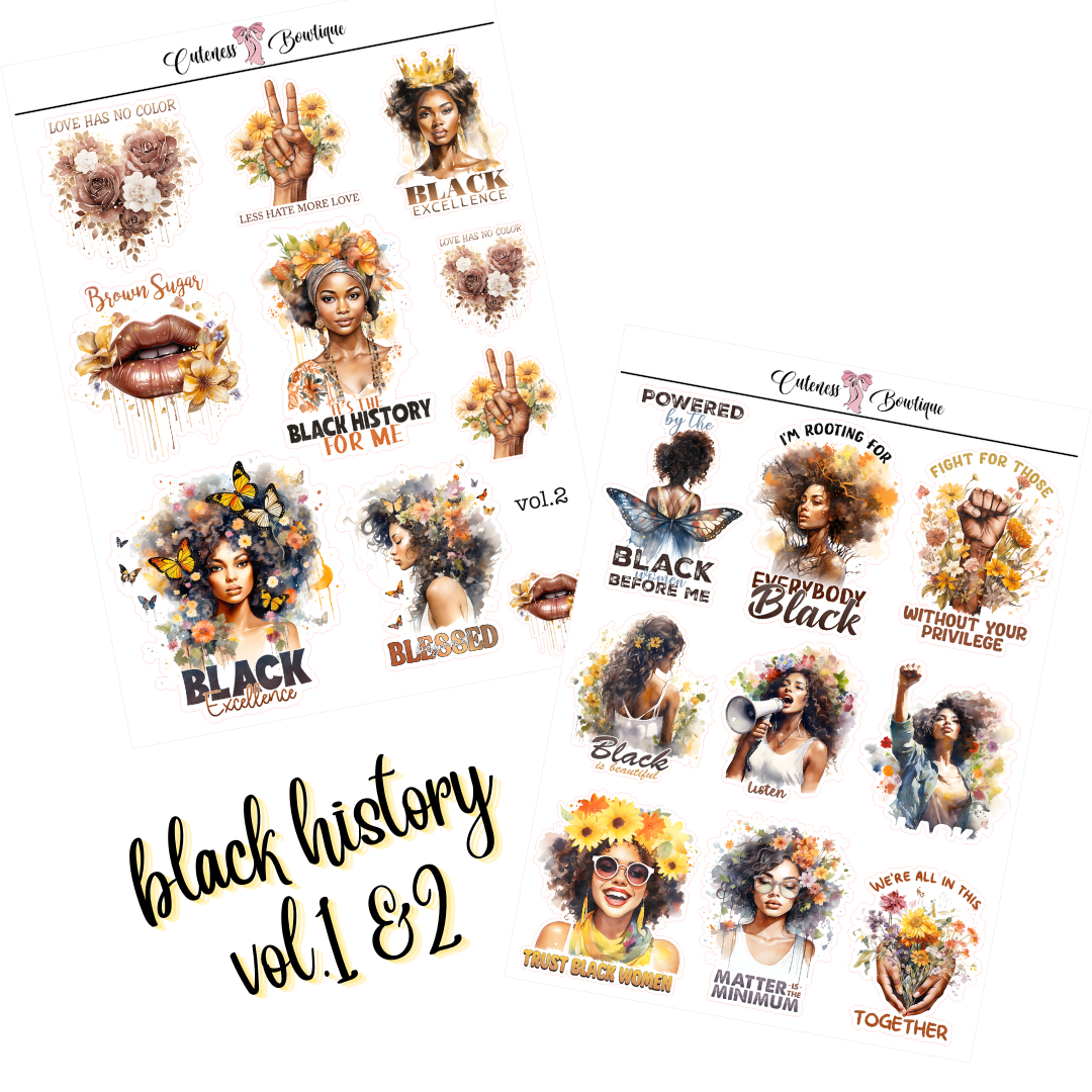 The Cuteness Doll Collection Sticker Sheet | Cuteness Planner Stickers for Agendas, Planners, Notebooks, Dividers | BLACK HISTORY VOL. 1 &2