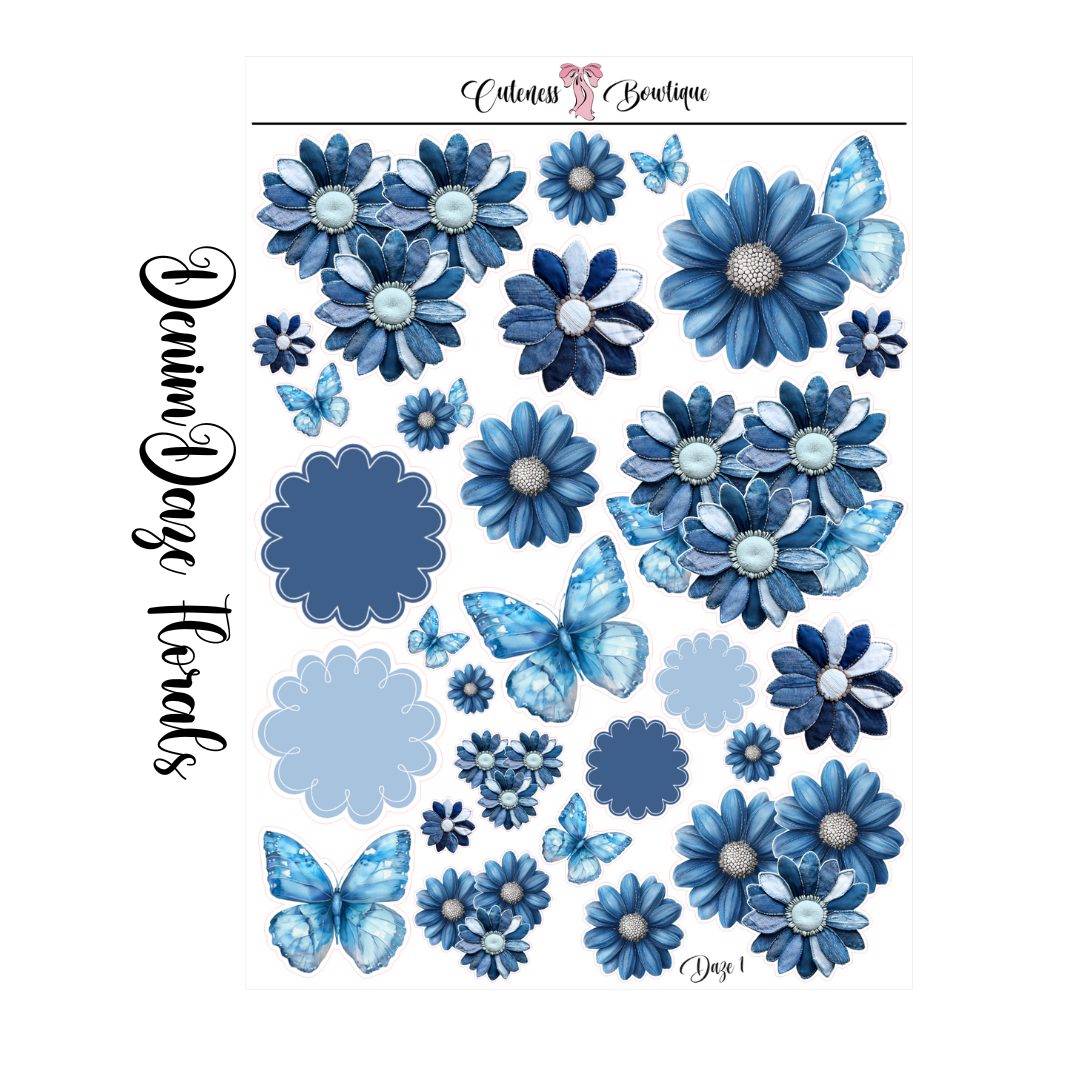 The Cuteness Journaling  Sticker Sheet | Cuteness Planner Stickers for Agendas, Planners, Notebooks, Dividers | DENIM DAZE FLORALS