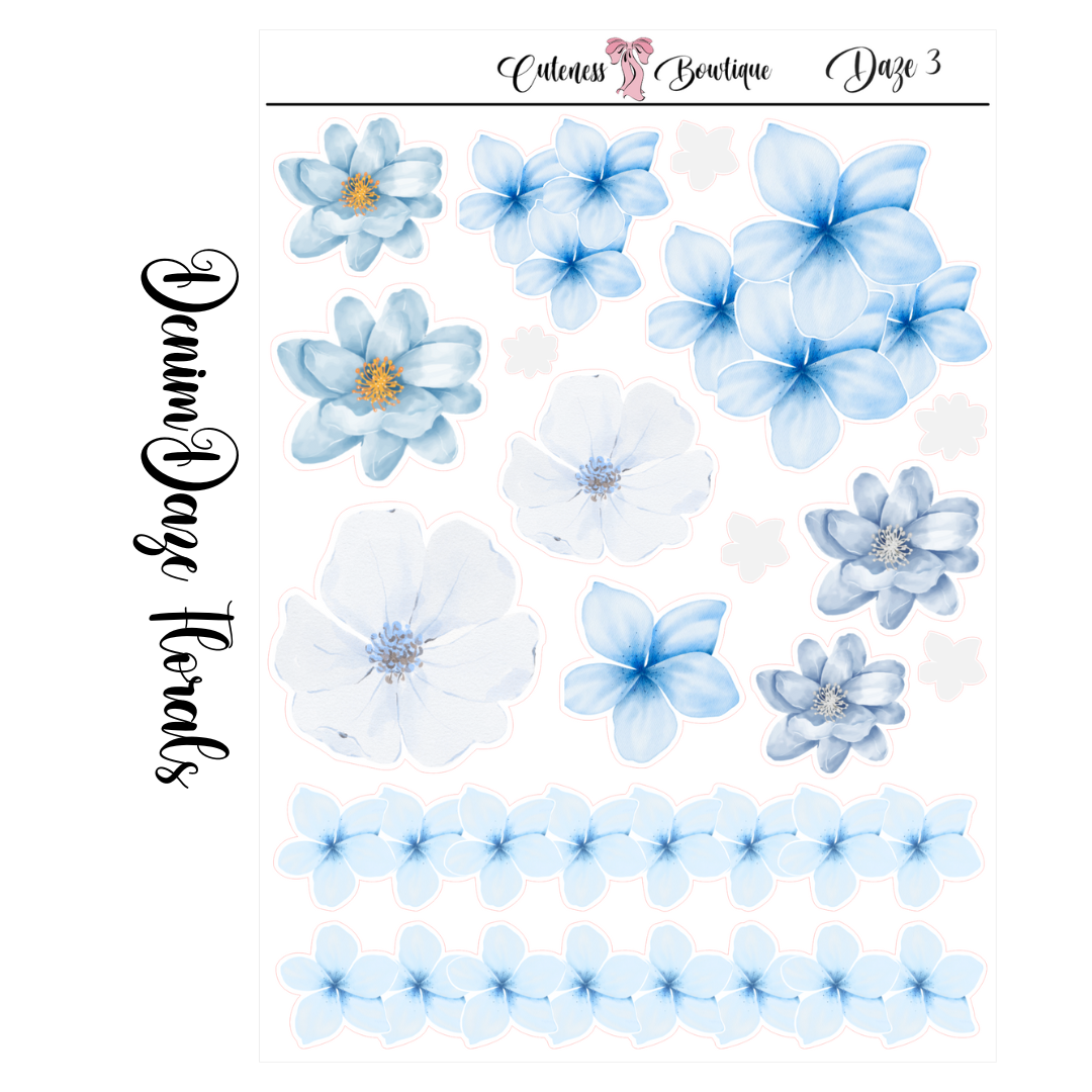 The Cuteness Journaling  Sticker Sheet | Cuteness Planner Stickers for Agendas, Planners, Notebooks, Dividers | DENIM DAZE FLORALS