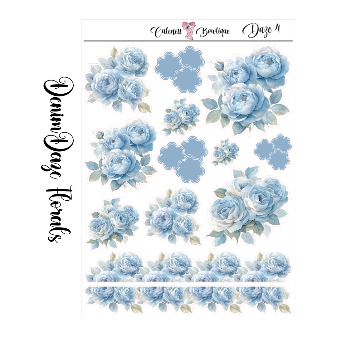 The Cuteness Journaling  Sticker Sheet | Cuteness Planner Stickers for Agendas, Planners, Notebooks, Dividers | DENIM DAZE FLORALS