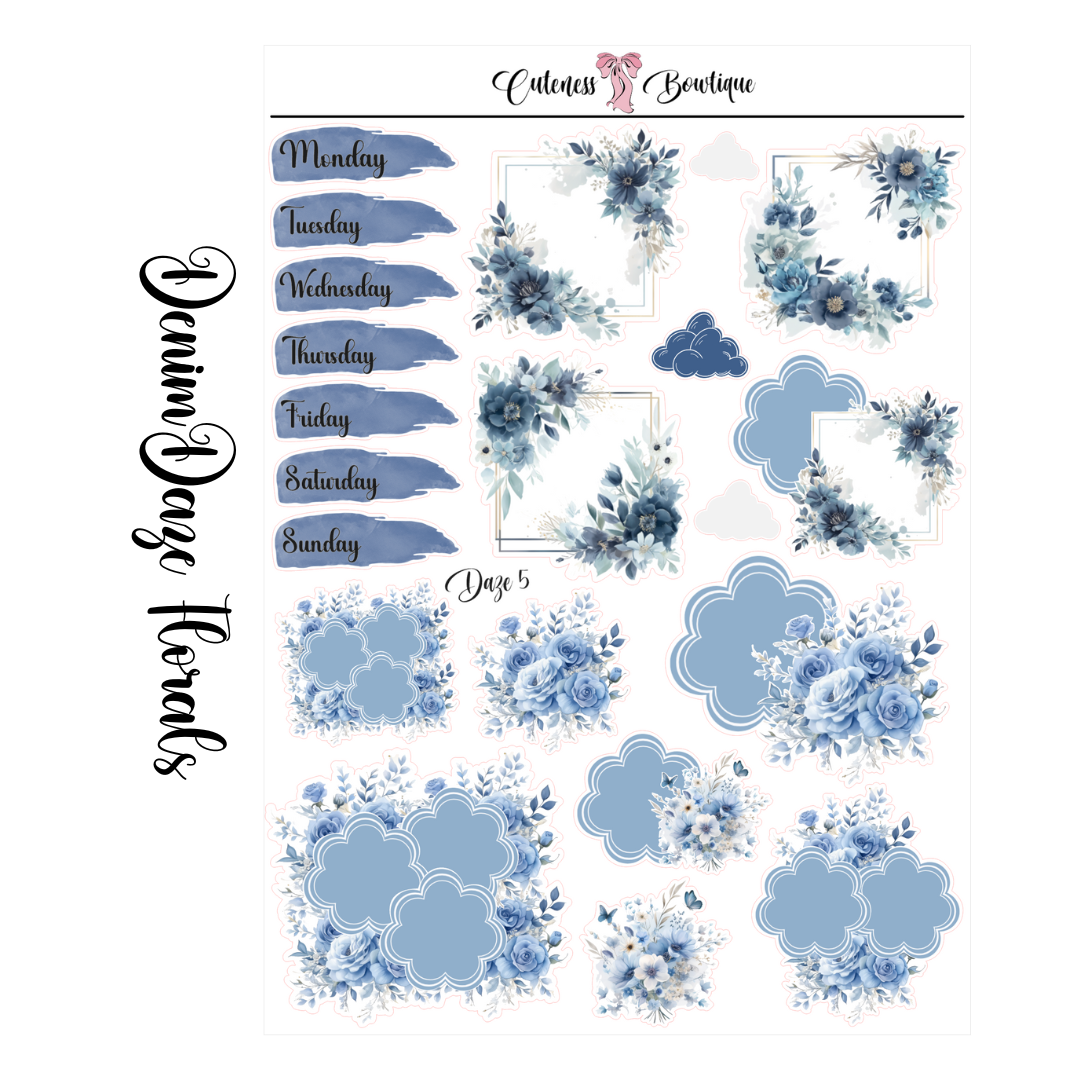 The Cuteness Journaling  Sticker Sheet | Cuteness Planner Stickers for Agendas, Planners, Notebooks, Dividers | DENIM DAZE FLORALS
