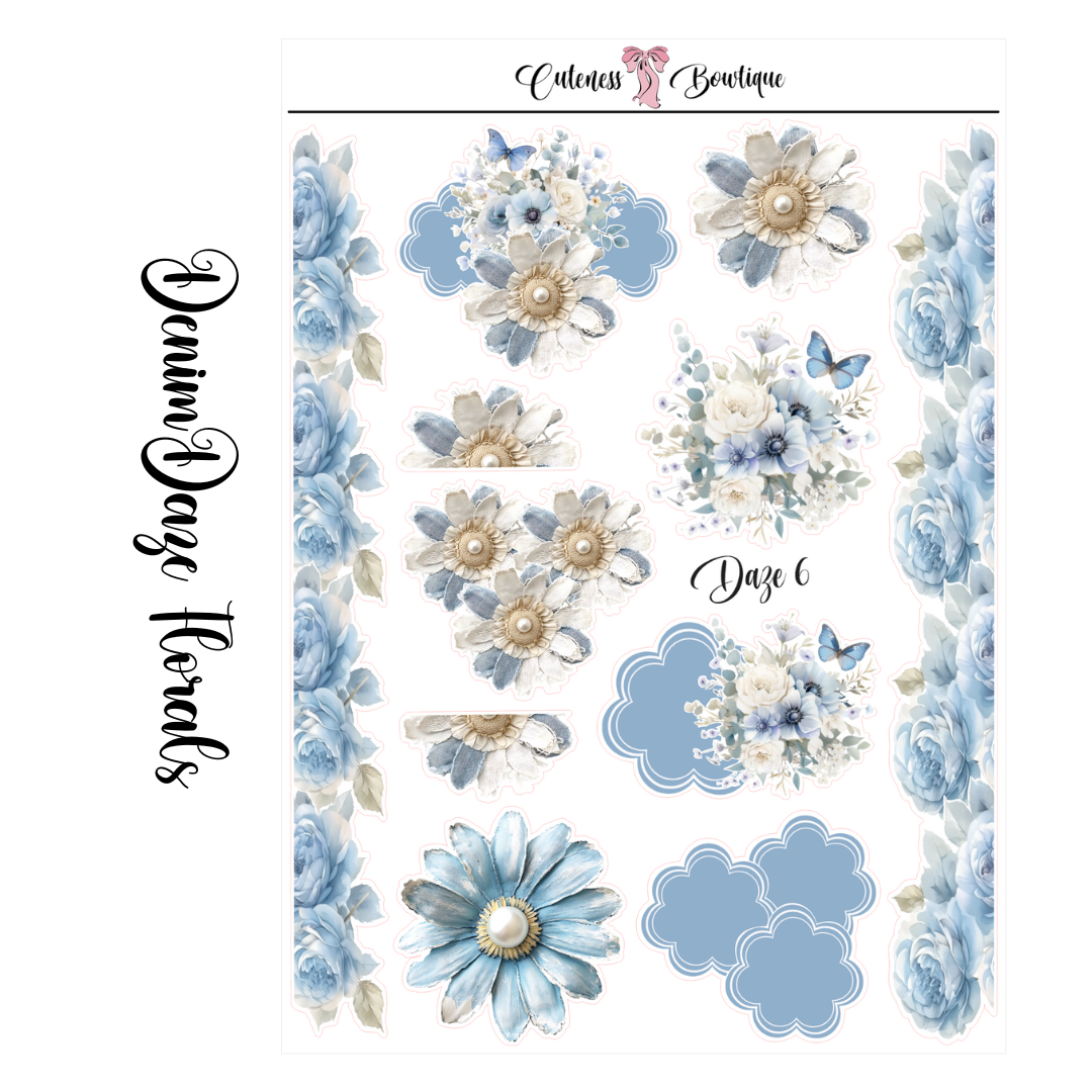 The Cuteness Journaling  Sticker Sheet | Cuteness Planner Stickers for Agendas, Planners, Notebooks, Dividers | DENIM DAZE FLORALS
