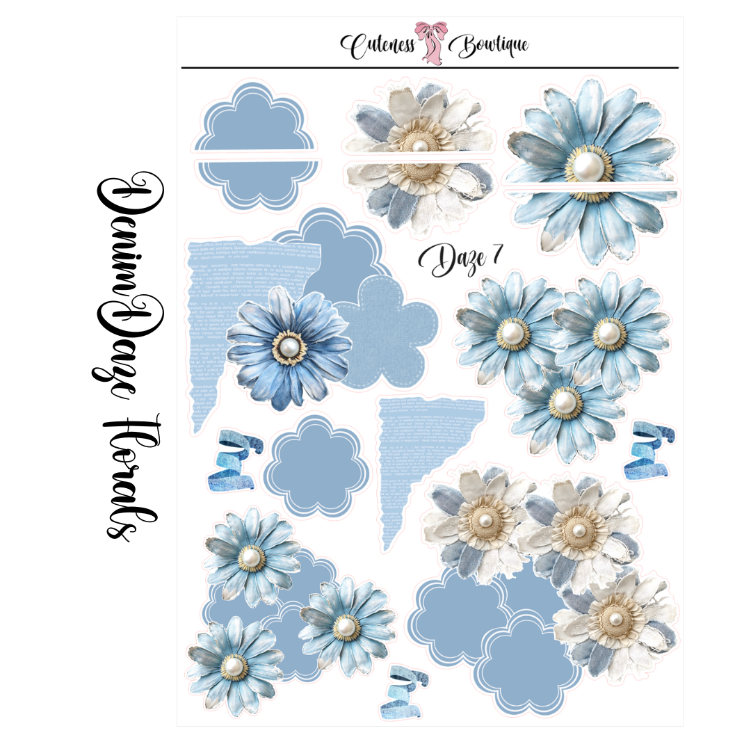 The Cuteness Journaling  Sticker Sheet | Cuteness Planner Stickers for Agendas, Planners, Notebooks, Dividers | DENIM DAZE FLORALS