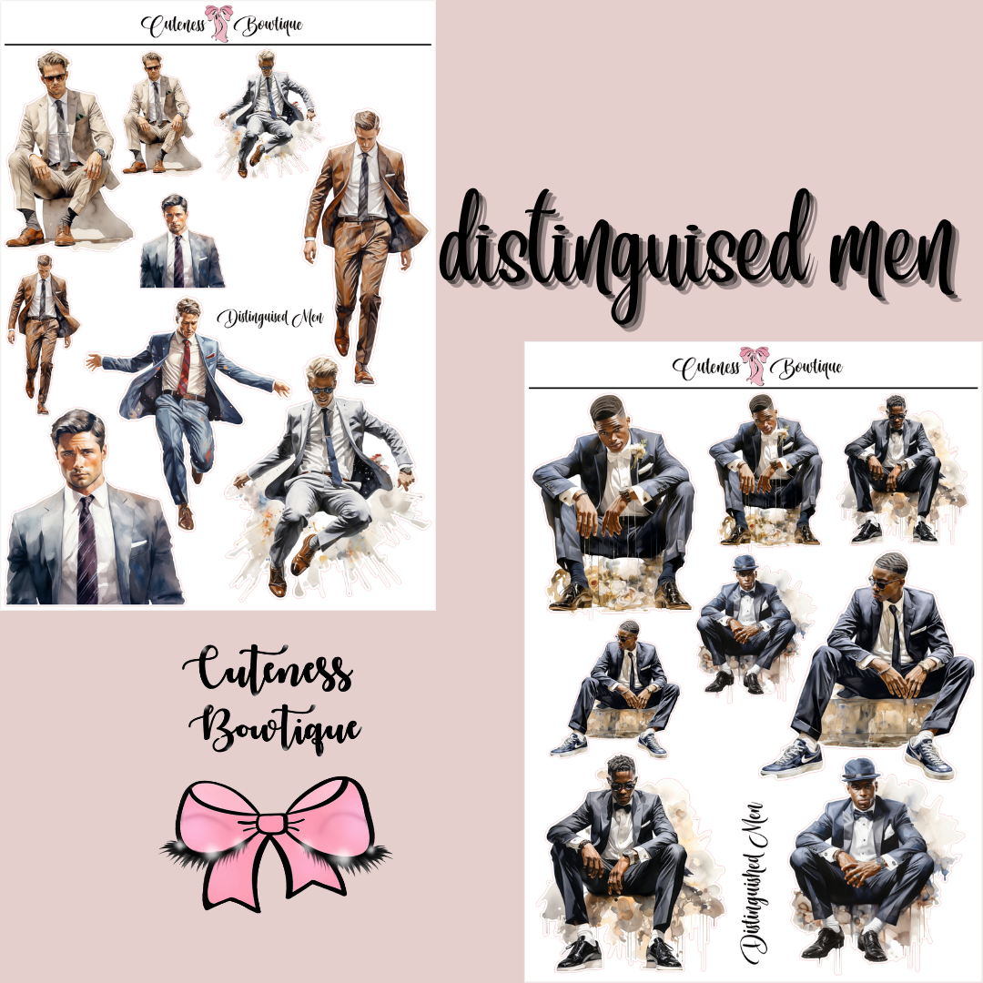 The Cuteness Doll Collection Sticker Sheet | Cuteness Planner Stickers for Agendas, Planners, Notebooks, Dividers | DISTINGUISED MEN