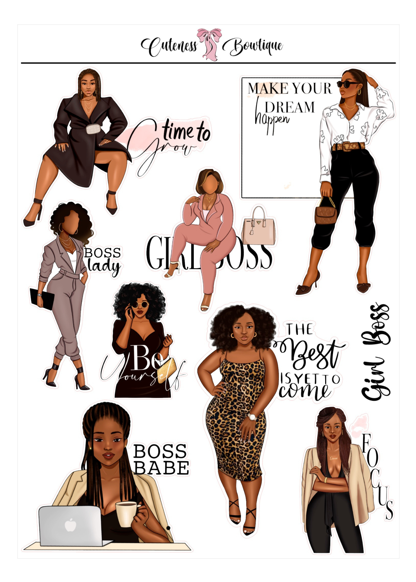 The Cuteness Journaling  Sticker Sheet | Cuteness Planner Stickers for Agendas, Planners, Notebooks, Dividers | GIRL BOSS