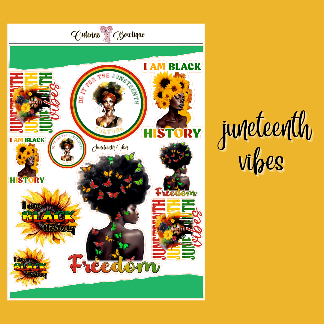 The Cuteness Journaling  Sticker Sheet | Cuteness Planner Stickers for Agendas, Planners, Notebooks, Dividers | JUNETEENTH VIBES