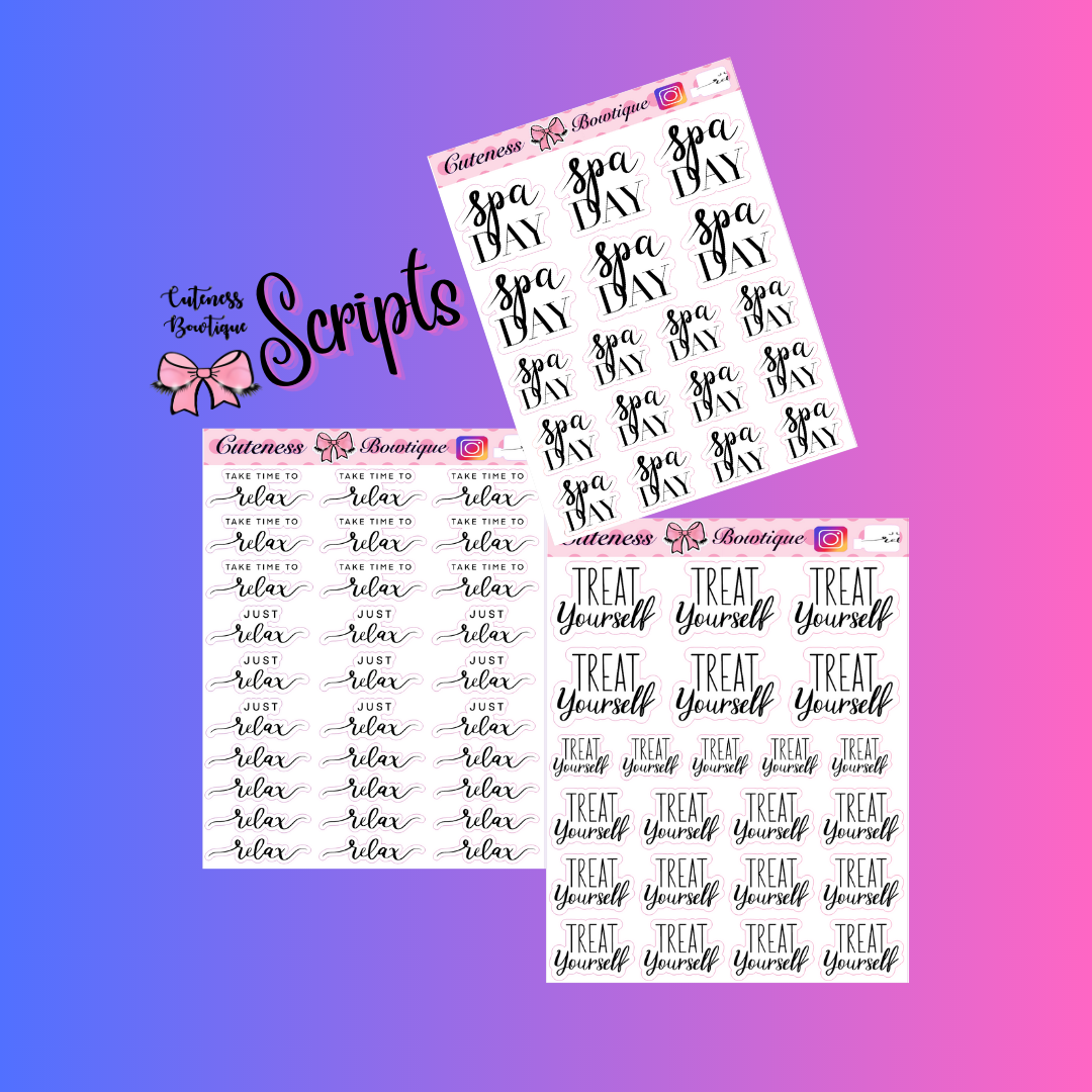 The Cuteness SCRIPTS Collection Sticker Sheet | Cuteness Planner Stickers for Agendas, Planners, Notebooks, Dividers | RELAX SCRIPTS
